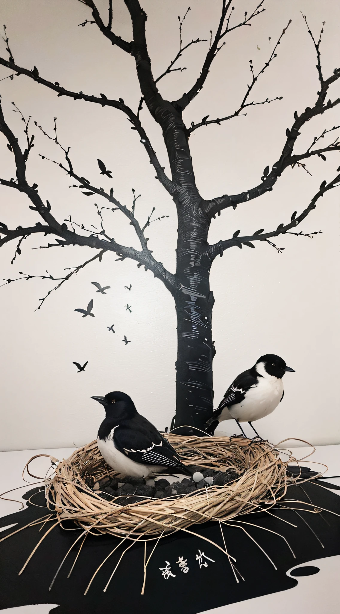 A black and white ink painting of a tranquil orchard with Chinese writing on it and a pair of birds building their nest, with a fruit-laden branch in the foreground, An Zhengwen, organic painting, a minimalist painting, art & language, ink and wash,