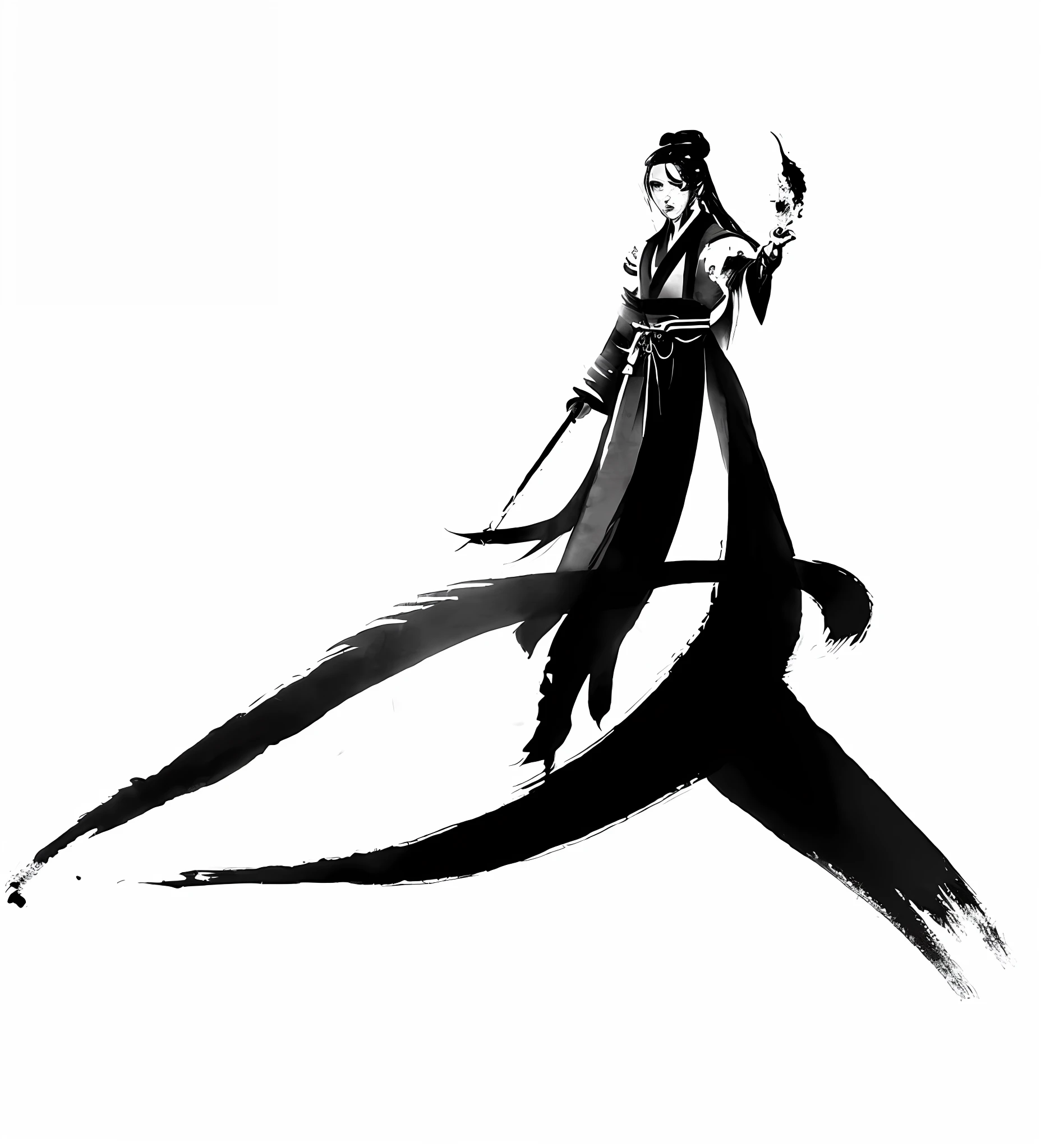 zydink, Single Color, ink sketch, 1girle, asian human (inbetweenin-Young female), (long-haired,), Fighting stance, looking at the viewers, Lifts Hand,long-haired, Floating Hair, ))))Hanfu, Chinese clothes, longsleeves, Palm up(abstract ink splash:1.2), Ink Chinese Dragon,Whitebackground