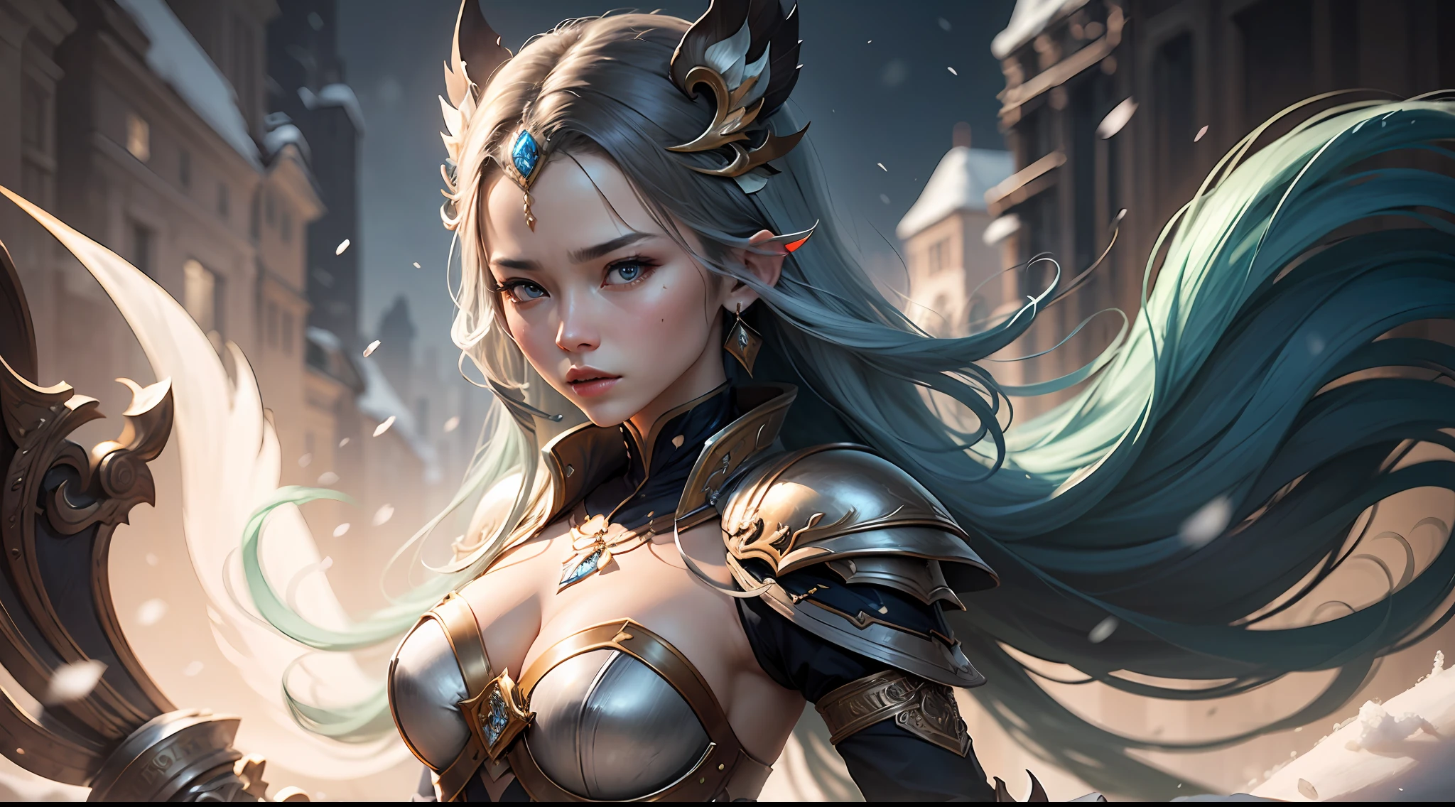 Close-up of a woman in a silver-blue dress, Cheng Weipan Art Station, Xiuxian Technology Sense, Ice and Snow Beauty, Gauze Sleeves, Detailed Fantasy Art, Stunning Character Art, Epic Exquisite Character Art, Beautiful Complex Armor, Machinery, Extremely Detailed Art Budding, Detailed Digital Animation Art, Artgerm on Art Station Pixiv, Armor Girl, Heavy and Exquisite Complicated Headdresses and Jewelry, Noble High-Tech Sense, True God Sense of Déjà Vu, --auto