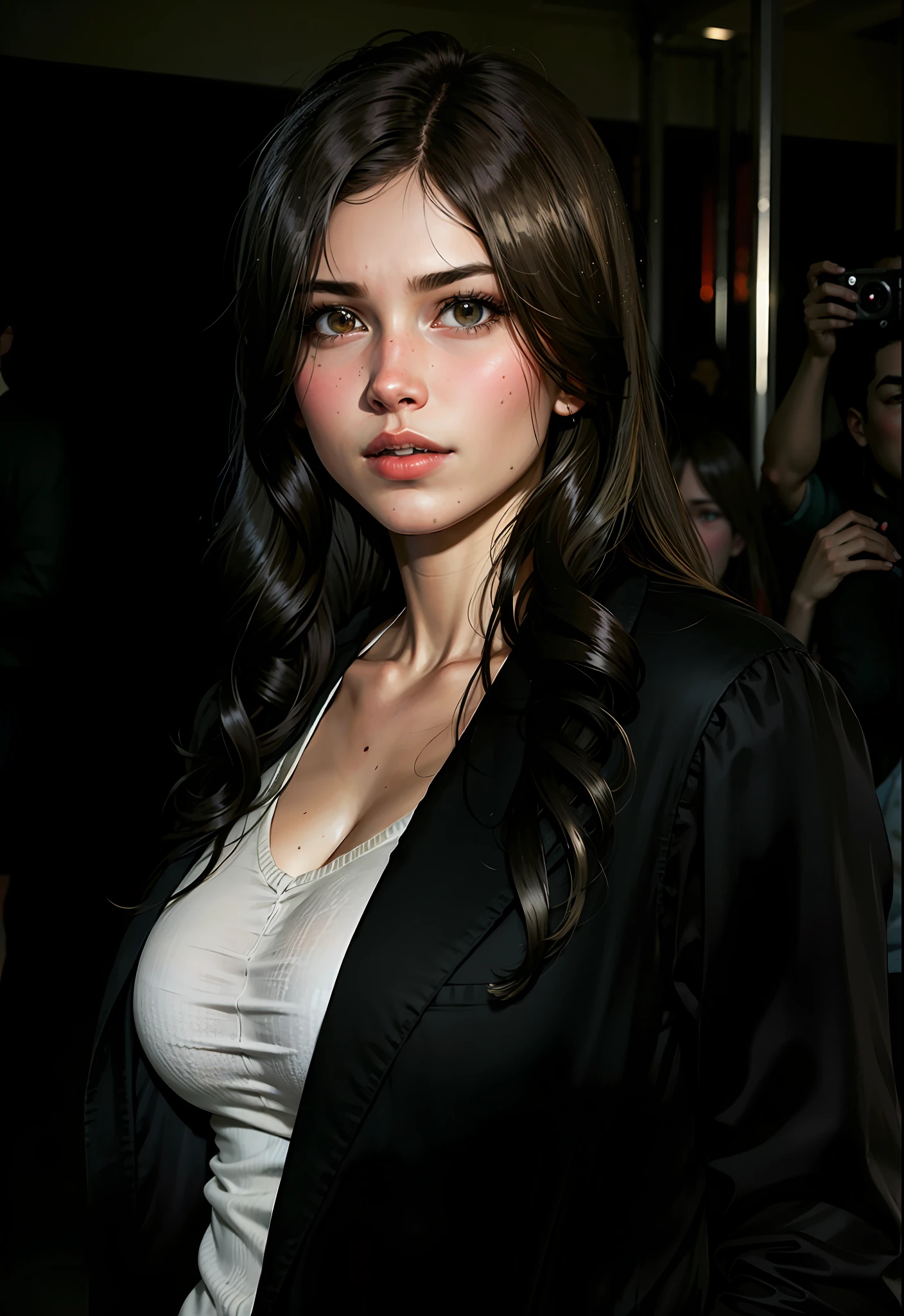 a hyper-realistic portrait of a young woman, under a tree, inside a forest, in the middle of nature, 22 years old, realistic, (lying on her side), sexy, (huge breasts 2:1), short brown hair, (hair tied with bows), curved, SFW