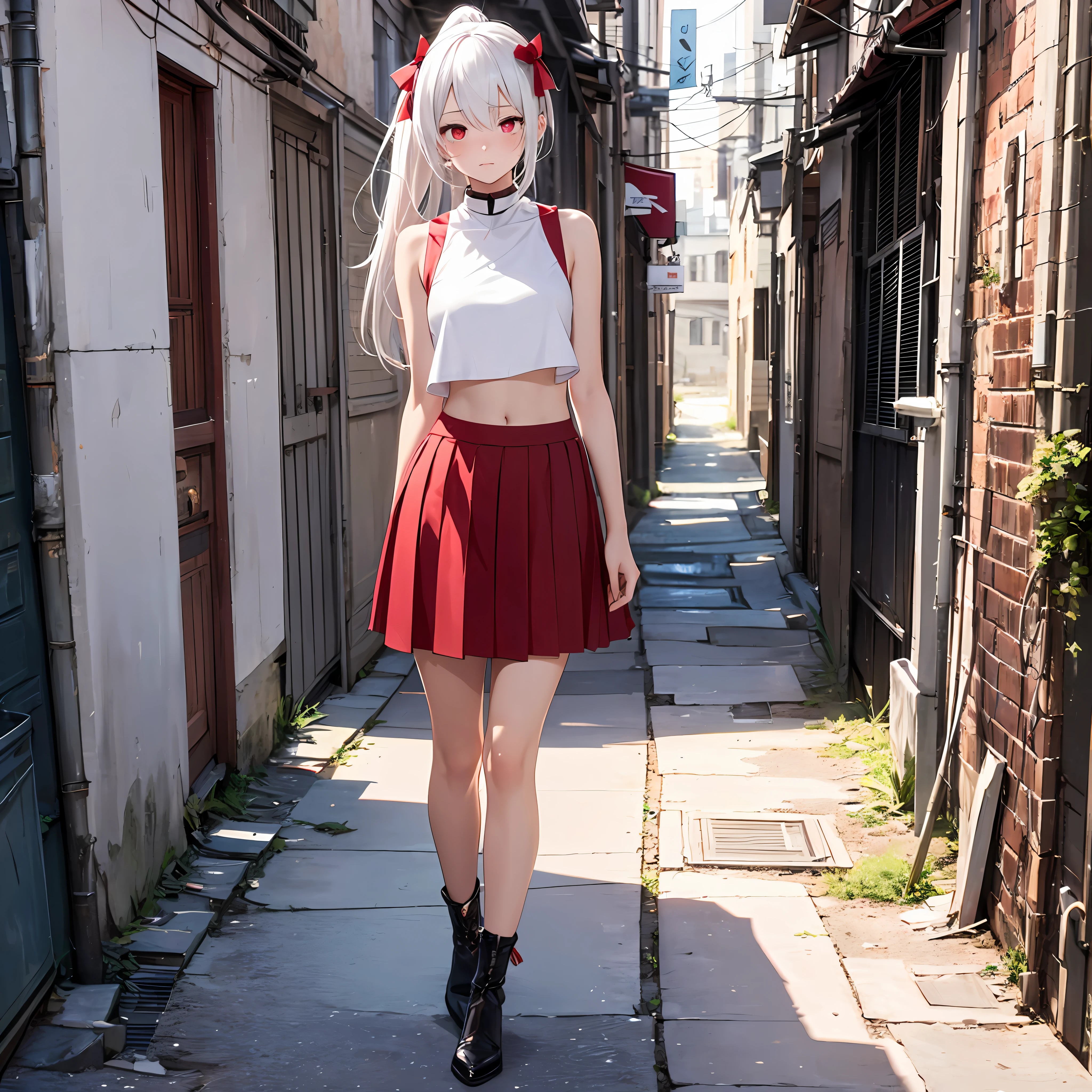 (maximum quality)，(depth offield)，(full body)，lovely，Rich Detail，1girl，(white hair)，Two-dimensional，long ponytail，Light red eyes，Red hair accessories，Sleeveless，open shoulders，Crop topping，hands placed behind the back，sideways，[blushed]，(Shying)，A corner of the alley --auto