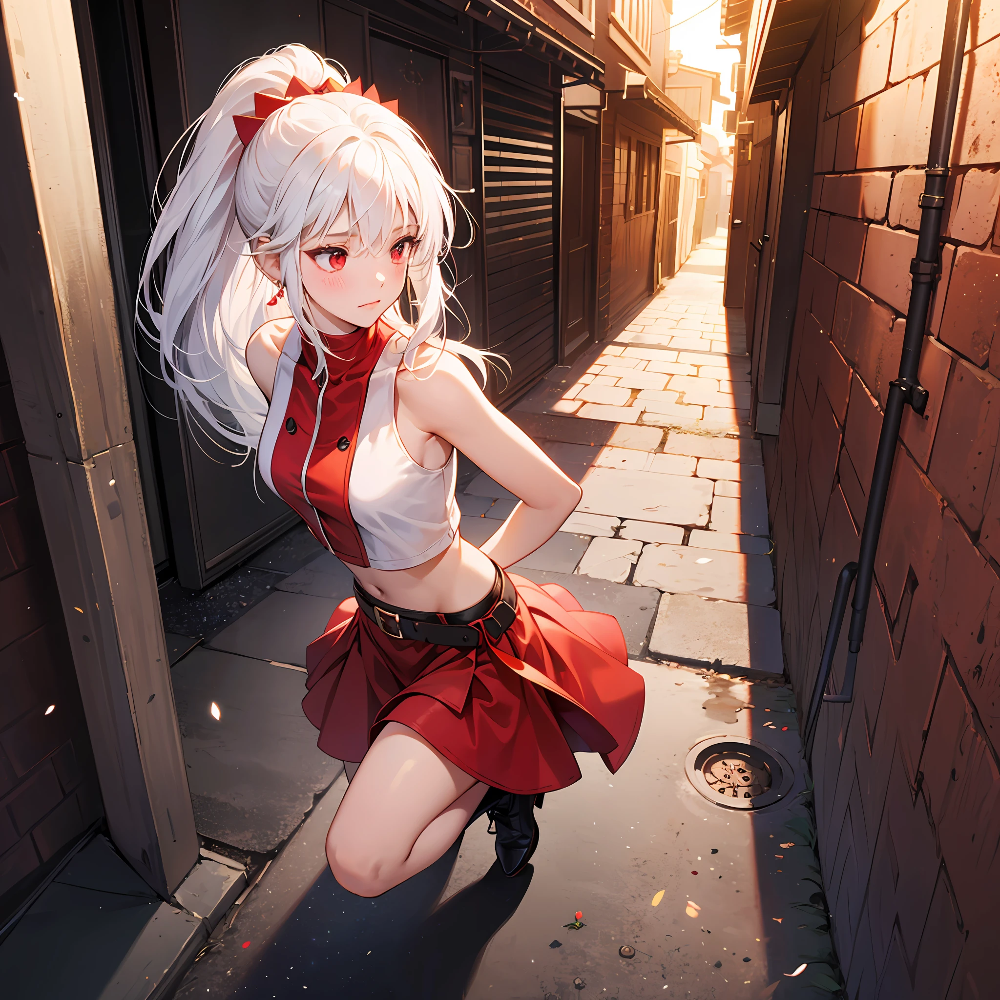 (maximum quality)，(depth offield)，(full body)，lovely，Rich Detail，(white hair)，Two-dimensional，long ponytail，Light red eyes，Red hair accessories，Sleeveless，open shoulders，Crop topping，hands placed behind the back，sideways，[blushed]，(Shying)，A corner of the alley --auto