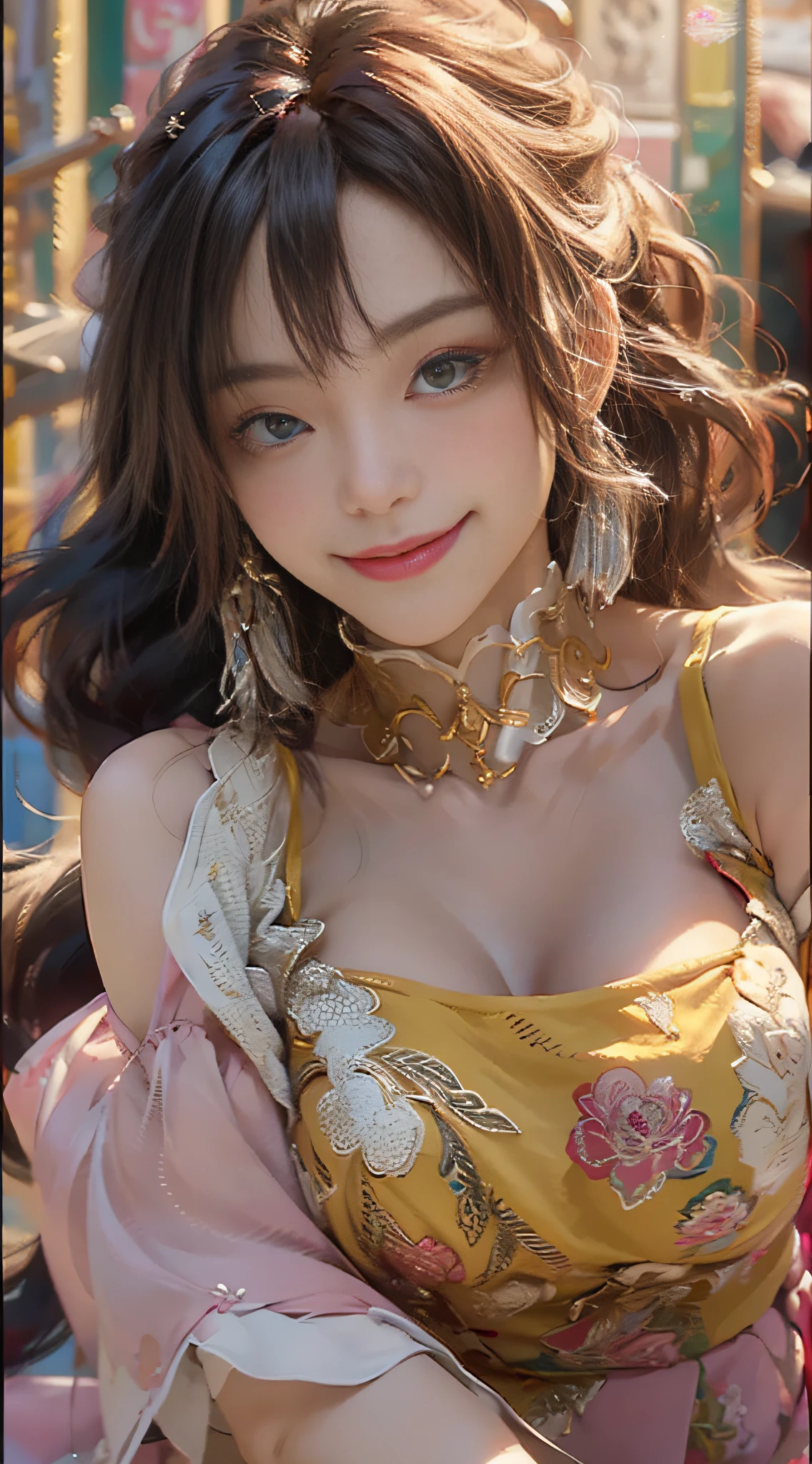 8K, Best Quality, Masterpiece, Ultra High Resolution, 1 Girl, Beautiful Eyes and Face Details, Masterpiece, Best Quality, Upper Body, Master Work, Excellent Details, High Quality Painting Details, Breath-Breathing Absolute Beauty, Collarbone, Slender Neck, Long Eyelashes, Sweet Eyes with Lying Silkworms, Dynamic Angle Problem Extreme Picture Quality, Charming Smile, Glossy Lips, Supple Fair and Translucent Skin, Rich Details, Bright Colors, Strong Contrast, Soft Light Effects, Clear Outline, Streamlined, Charming smile, sparkling eyes, perfect body proportions, slender waist, (wearing a turtleneck tulle sheer skirt, (shoulders: 1.3, collarbone, large breasts, cleavage)),