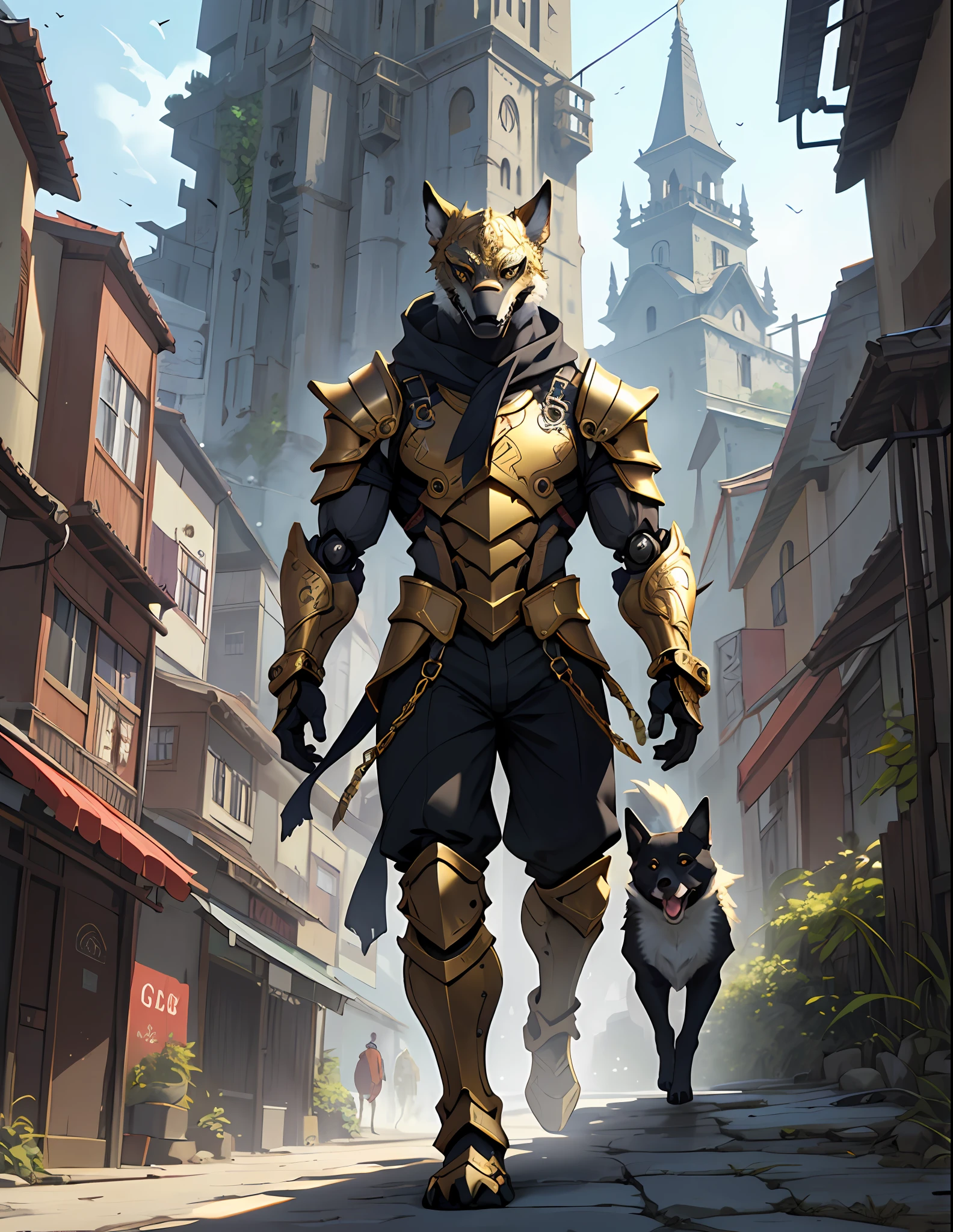 ((foto crua)), ((Trabalhe antes)), humanoid Anthropomorphic Dog AngelDog wearing gold armor, detalhe intrincado, Futobot, intricate Greebles pieces, Golden heavenly city behind, asas grandes