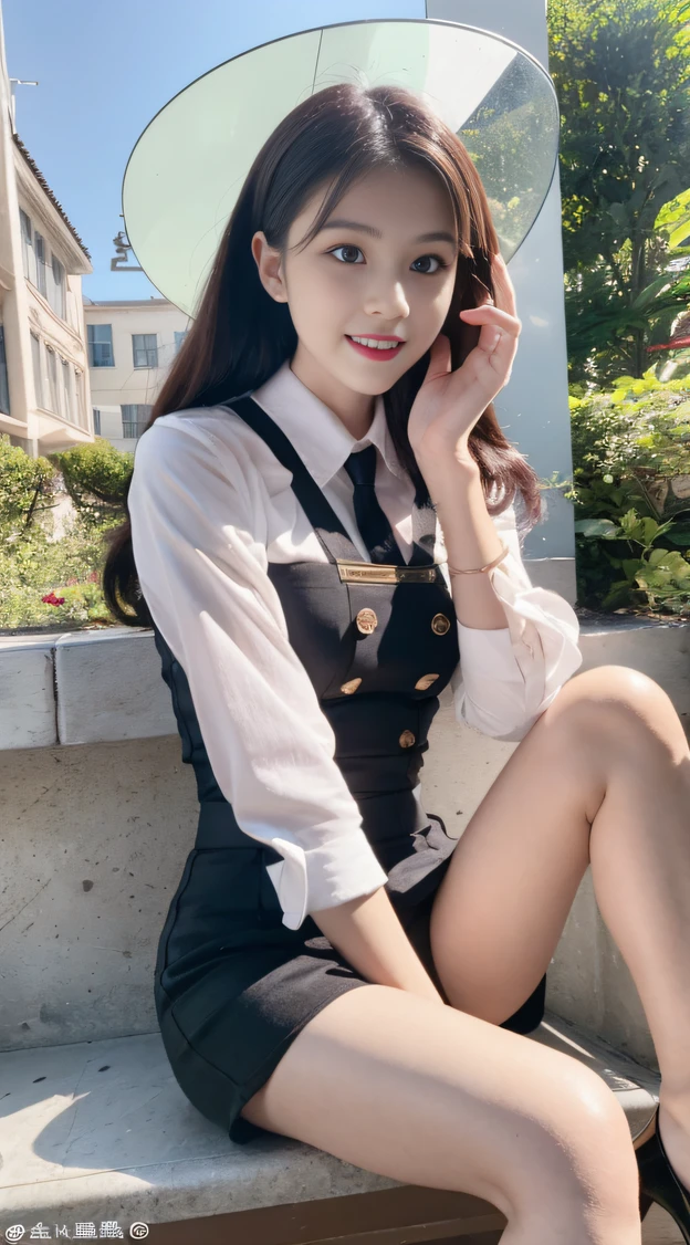 Best quality, full body portrait, delicate face, relatively thin face, 20 year old woman, slim body, small bust, OL uniform, white shirt, office clothes, black stockings, black high heels, outdoor scene, sitting position