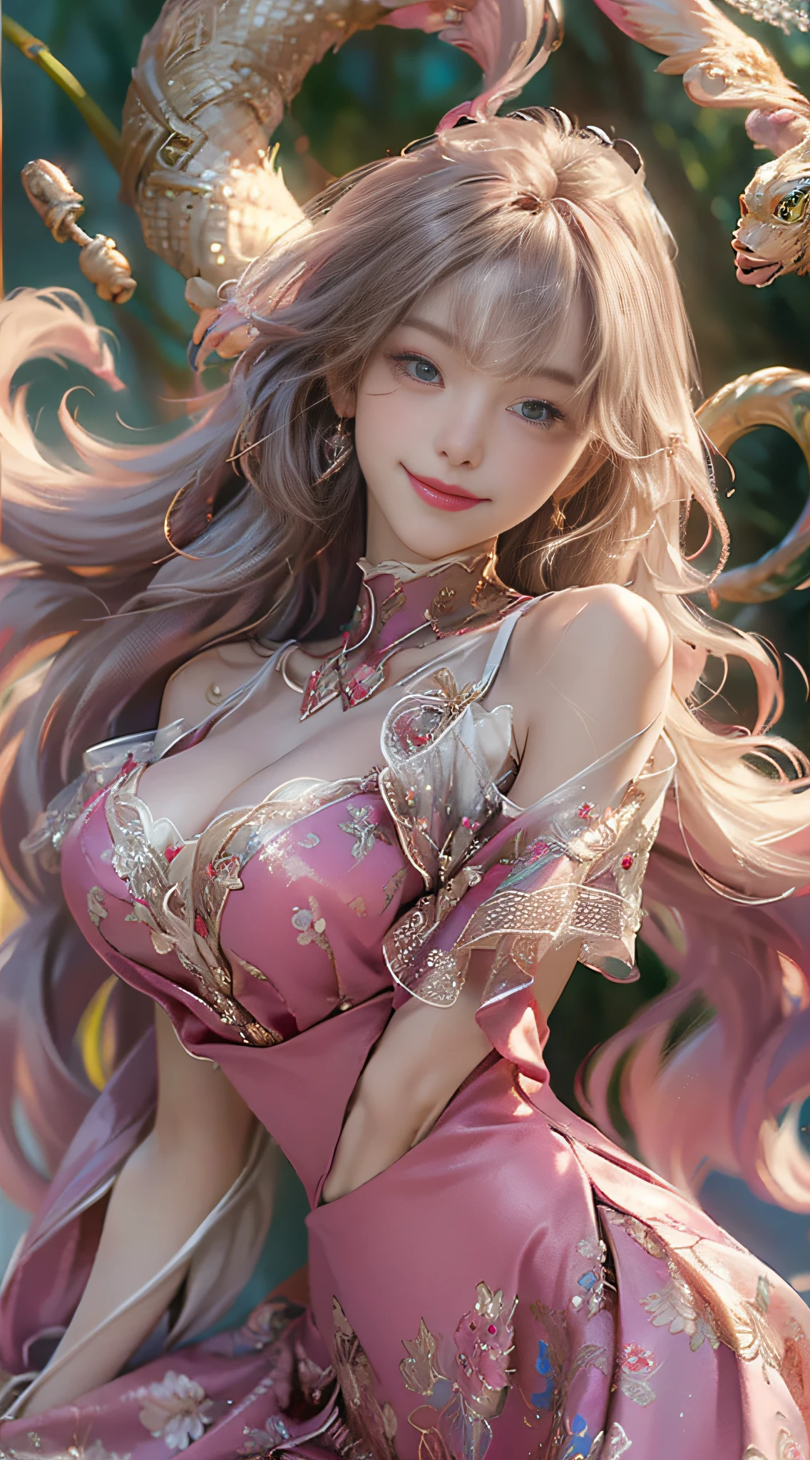 8K, Best Quality, Masterpiece, Ultra High Resolution, 1 Girl, Beautiful Eyes and Face Details, Masterpiece, Best Quality, Upper Body, Master Work, Excellent Details, High Quality Painting Details, Breath-Breathing Absolute Beauty, Collarbone, Slender Neck, Long Eyelashes, Sweet Eyes with Lying Silkworms, Dynamic Angle Problem Extreme Picture Quality, Charming Smile, Glossy Lips, Supple Fair and Translucent Skin, Rich Details, Bright Colors, Strong Contrast, Soft Light Effects, Clear Outline, Streamlined, Charming smile, sparkling eyes, perfect body proportions, slender waist, (wearing a turtleneck tulle sheer skirt, (shoulders: 1.3, collarbone, large breasts, cleavage)),