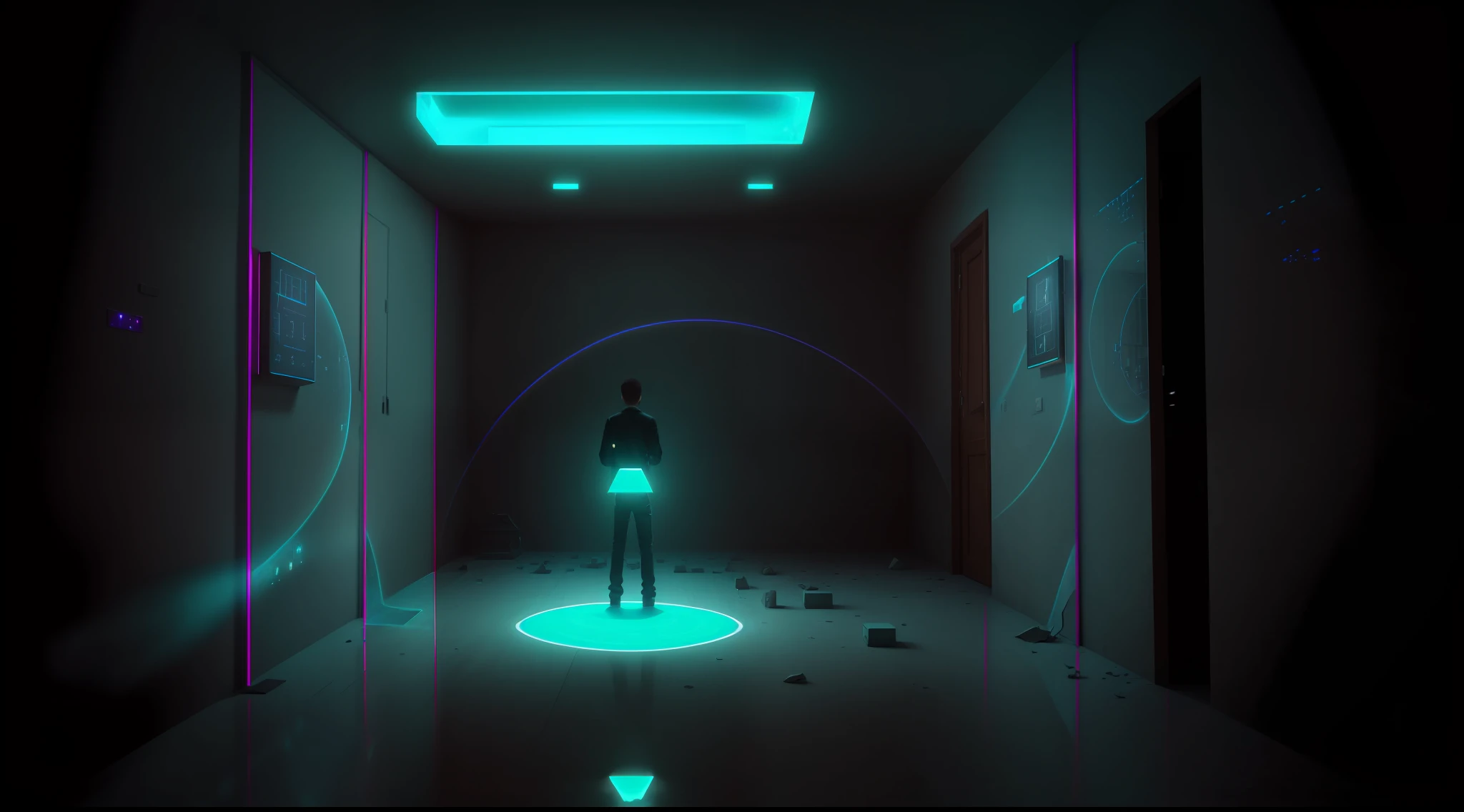 ,Square interior space,closed room,Immersive indoor horror theme,Escape room,holograph,Projection,LED,maze,Digital immersive indoor spaces,figure,decrypt,s exploring,Detail,highly accurate,Ground projection,line,riddle,A Girl,One Boy,The ground has a maze pattern,The top is mirrored,reflective,There are sci-fi holographic avatars on the walls,Haunted house,Inception,contortion,Spatial transformation,mirror reflection,complex pattern,