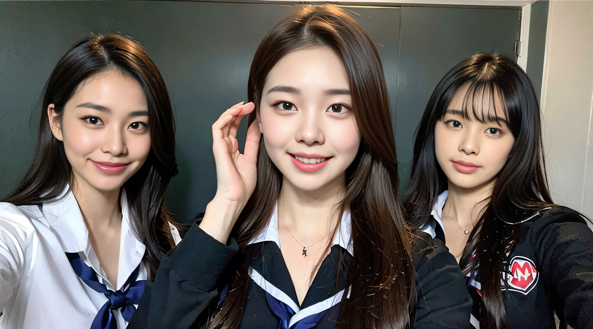 (8k、RAW Photography、Max Quality、MasterPiece:1.2)、An ultra-DETAILED、Super Resolution、(Realstic、Real photos:1.37)、(photot-REALISTIC:1.5)、portrait、、high resolution RAW color photos、professional photos、Very Detailed and Beautiful、(I'm looking at this with my tongue out)Mouth open、Cute pose、White Skin Skin、Fair-skinned female proofreading、The ultra-high picture quality、、astonishing detail、Nogizaka46((Looks exactly like Mario))、Beautiful girls in very detailed、Faces with different patterns、Having a conversation in a classroom at school、Brown hair shining in the light、I'm wearing a red tie、Heart marks are drawn under the eyes、One has a ponytail、、Modern cute high school girl、highly detailed facesHighly detailed eyes、Very realistic skin、 Very detailed fingers, very detailed nose, very detailed mouth, flawless anatomy, Highly detailed sailor suit、Highly Detailed Background,after school、Smiling school girls are gathered in the hallway of the school。They are in uniform、The blackboard is faintly visible in the background.。Light from bright windows illuminates the classroom、The details of their hair and uniforms shine through.。They enjoy chatting in natural poses.、 famous Japan idol,, White Skin Skin, , Long straight hair, (Dull Bangs:1.2), 、Schoolgirl youth Celebrity-level cuteness 、(Pink Eye Shadow)((Drawing a heart picture under the eyes)) hart、♡