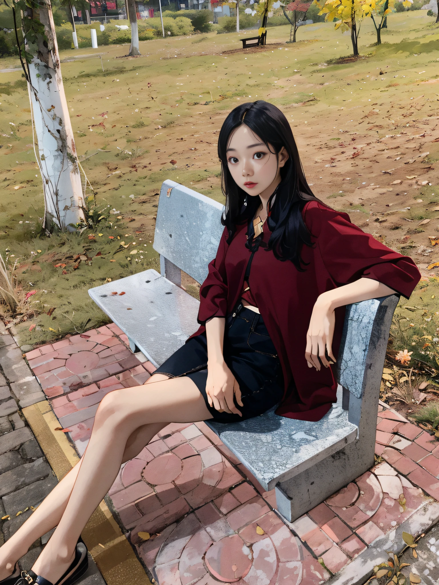 there is a woman sitting on a bench in a park, xintong chen, casual pose, Ye Wenfei, inspired by Ma Yuanyu, inspired by Tang Yifen, a young asian woman, sitting on bench, sitting on ground, Chinese Girl, young Asian girl, random artist, inspired by Ye Xin, black and red silk clothing, maroon red