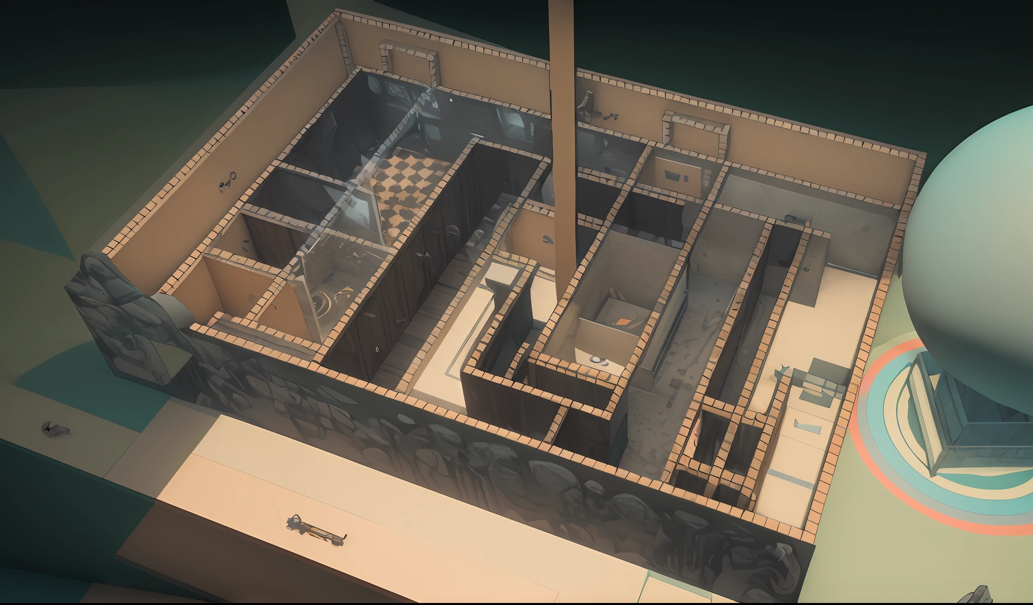 a rendering of a room with a floor plan and a table, isometric views!!!!, futurepunk dungeon, isometric views, digital render, isometric view from behind, Author:Jon Kofelt, neon basement, petspective room layout, floor plan view, gorillaz phase 1, colorful architectural drawing, randomly segmented rooms, 3d rendering, 3 d Render