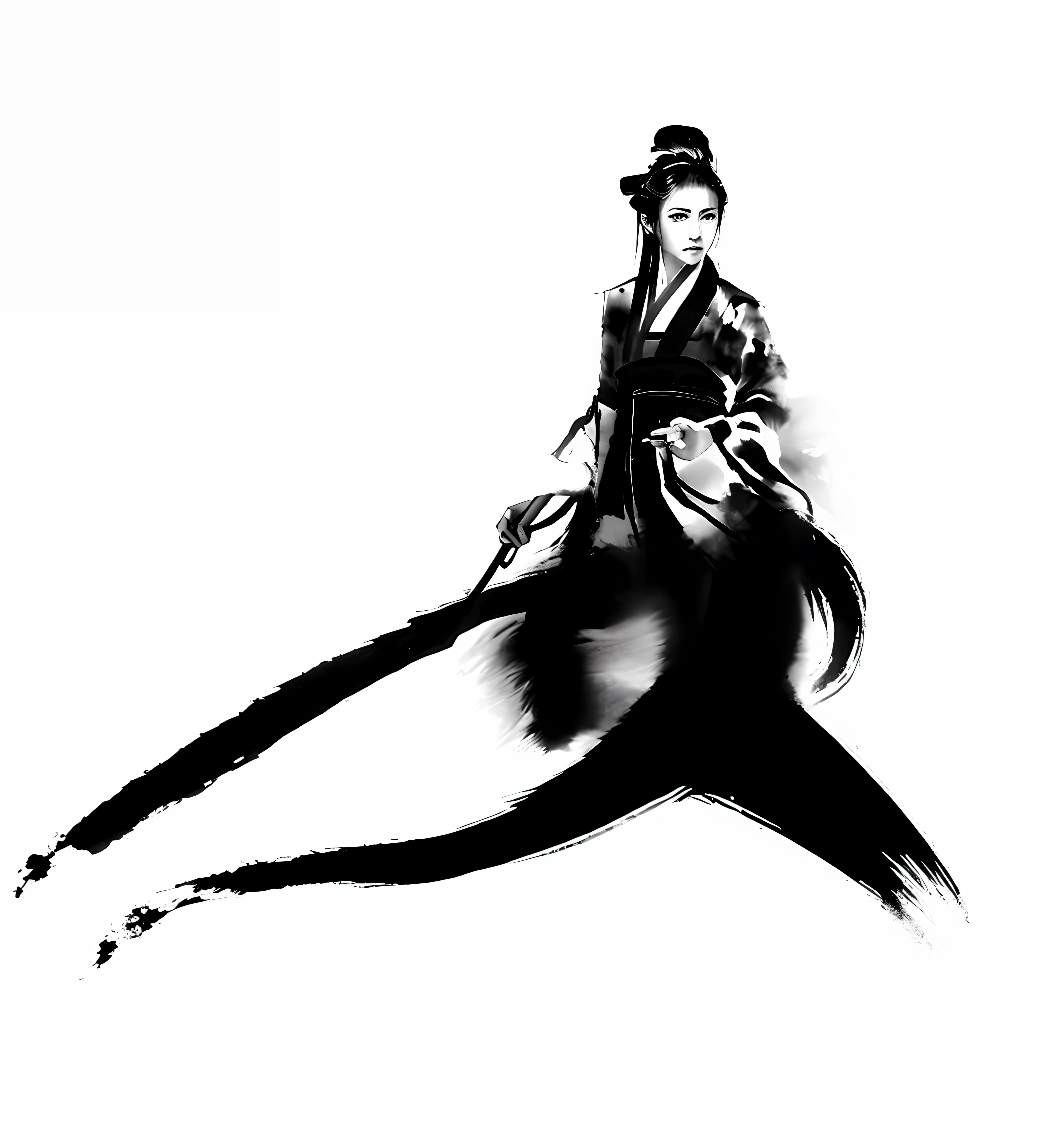 zydink, Single Color, ink sketch, 1girle, asian human (inbetweenin-Young female), (long-haired,), Fighting stance, looking at the viewers, Lifts Hand,long-haired, Floating Hair, ))))Hanfu, Chinese clothes, longsleeves, Palm up(abstract ink splash:1.2), Ink Chinese Dragon,Whitebackground