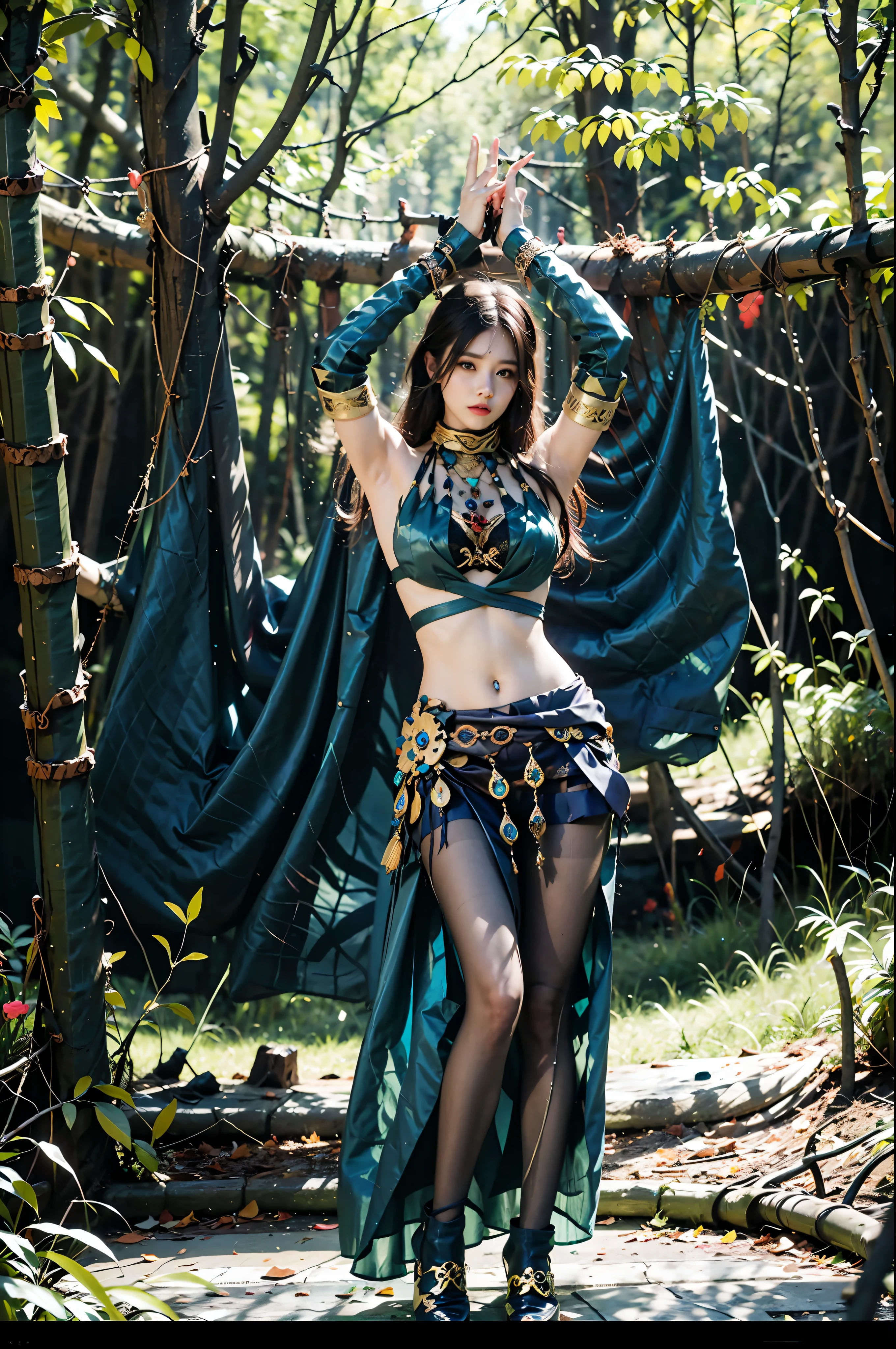 ulzzang-6500-v1.1,(raw photo:1.2),((photorealistic:1.4))best quality ,masterpiece, illustration, an extremely delicate and beautiful, extremely detailed ,CG ,unity ,8k wallpaper, Amazing, finely detail, masterpiece,best quality,official art,extremely detailed CG unity 8k wallpaper,absurdres, incredibly absurdres, huge filesize, ultra-detailed, highres, extremely detailed,beautiful detailed girl, extremely detailed eyes and face, beautiful detailed eyes,light on face,cinematic lighting,1girl,full body,full-body shot,see-through,looking at viewer,outdoors,naraka,jianan, 1girl, bare_shoulders, black_hair, blue_eyes, cowboy_shot, earrings, gem, jewelry, looking_at_viewer, midriff, navel, navel_piercing, piercing, solo, Black pantyhose,Purple skirt