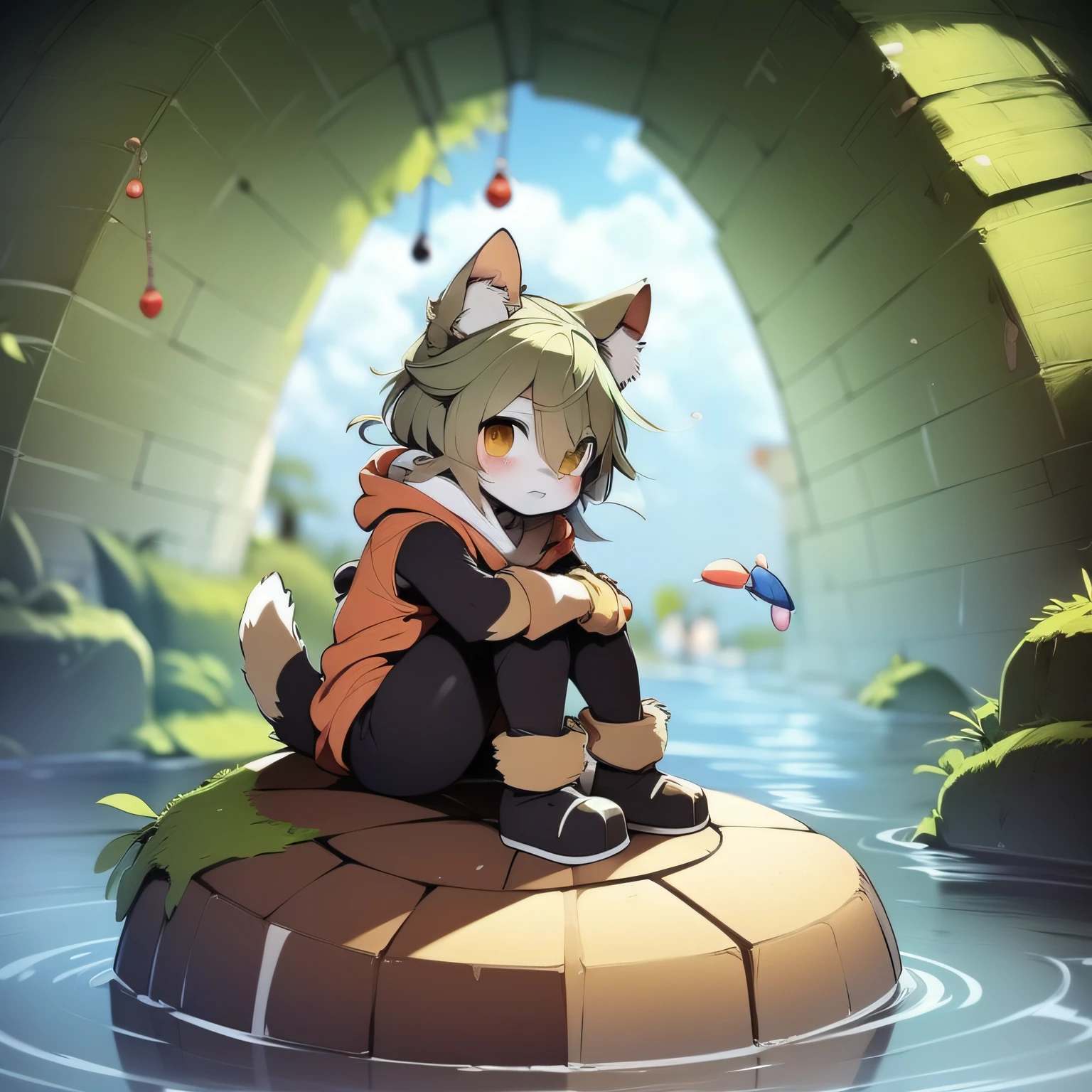 Anime boy sitting on rock wearing cat hat,, At the seaside, cute anime, high quality anime art style, anime visual of cute cats, anime boy, pixiv, cute boy, by Yuumei, key anime art, digital art on pixiv Koshota 7 years old