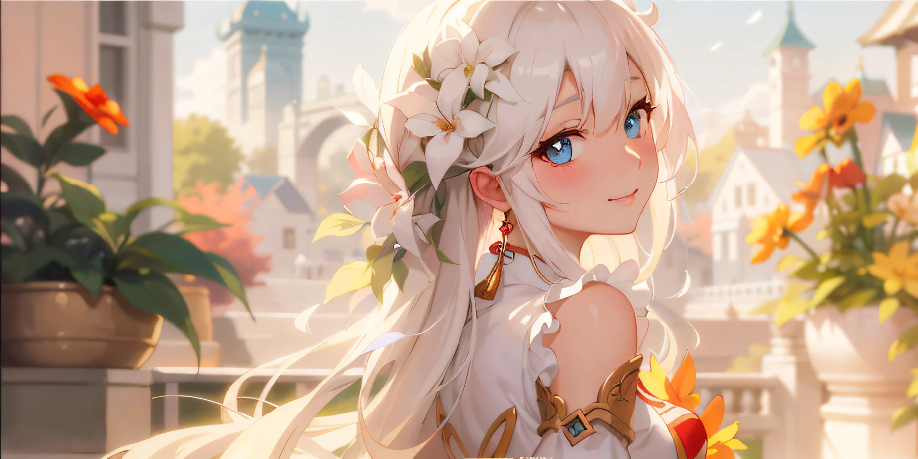 In front of the castle there is an anime girl with long white hair and blue eyes, Luminous Eyes, Shying, Sorrisos, wince, intricate ornate anime cgi style, trending on artstation pixiv, anime visual of a cute girl, ayaka genshin impact, kawacy, Guwiz, beautiful fantasy anime, Beautiful Anime Artwork, beautiful anime art, genshin, A masterpiece, a highly realistic and hyper-detailed rendering, a highly realistic and hyper-detailed rendering, full of sunlight, Warmth, Heles, a beautiful anime portrait, artgerm and atey ghailan, guangjiao, MasterPiece, best best quality