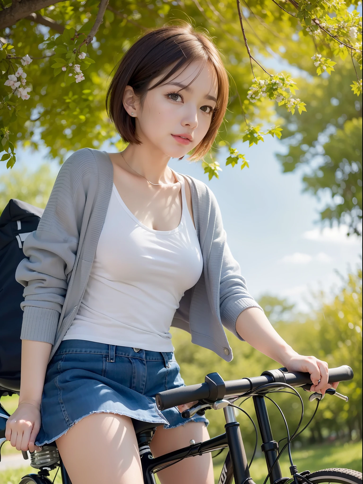 ((Best quality, 8k, Masterpiece: 1.3, raw photo)), Sharp focus: 1.2, (1 AESPA girl: 1.1), (realistic, photo-realistic:1.37), face focus, cute face, small breasts, flat chest, brunette short hair, riding a bicycle, uniqlo casual clothes, skirt, park, sunlight, cinematic lighting, from below