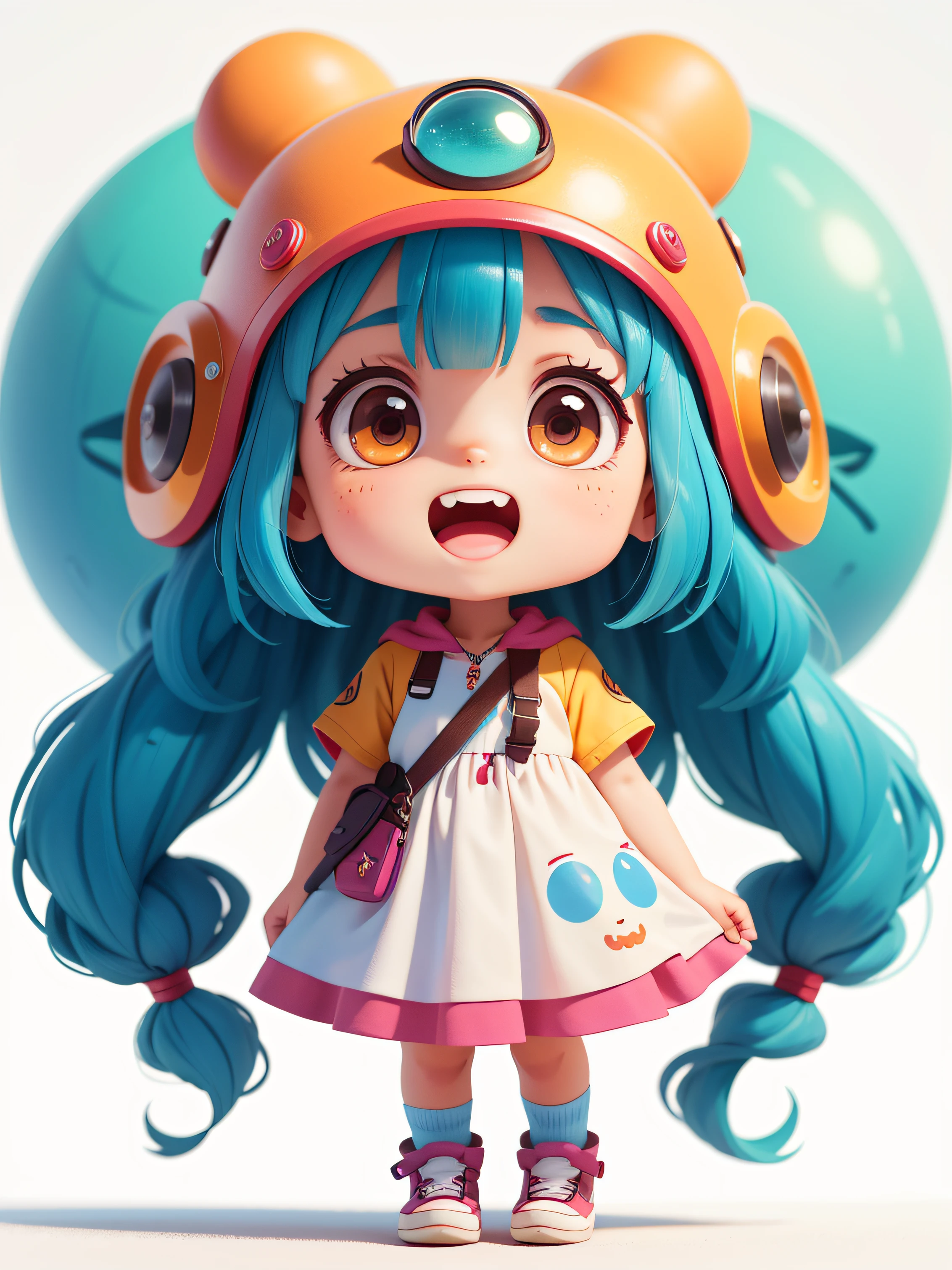 Little girl with long blue hair,CHIBI,Trendy style clothes,a rainbow、,The cyberpunk,Little girl wearing huge monster helmet,pure white background,with a simple background,(MasterPiece:1.2) (PhotoRealistic:1.2) (bokeh) (best best quality) (detailedskin:1.3) (Complex detail) (8K) (detailedeyes) (Sharp focus),(having fun)