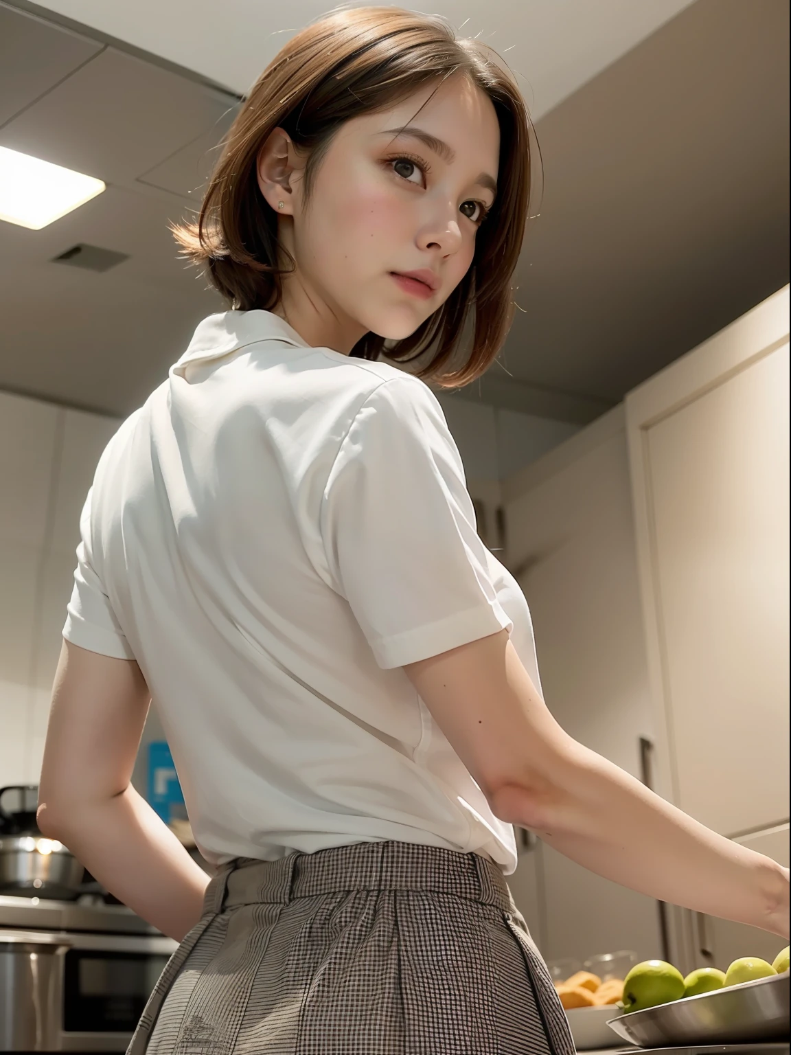 ((Best quality, 8k, Masterpiece: 1.3, raw photo)), Sharp focus: 1.2, (1 AESPA girl: 1.1), (realistic, photo-realistic:1.37), face focus, cute face, small breasts, flat chest, brunette short hair, cooking in a kitchen, back view, look back, uniqlo casual clothes, skirt, sunlight, cinematic lighting, from below