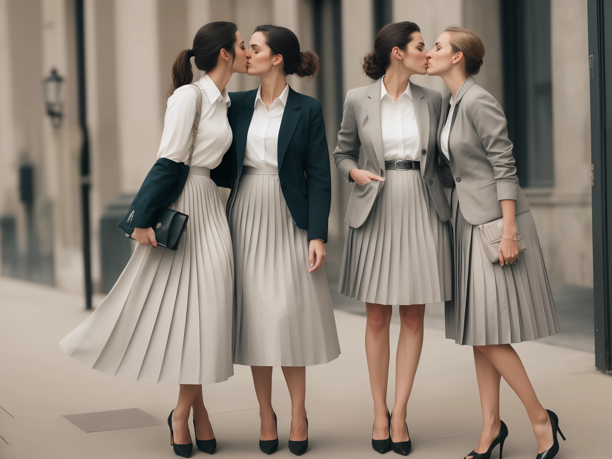 group of lesbian therapists are kissing women, authentic (kind and tender) good woman wearing a short blazer with a very very detailed (long (fully pleated) full circle skirt) and (simple) low heeled office shoes, very very intricate hyper-detailed symmetric (attractive graceful young feminine face) with (sad, tired eyes and a shy smile), full of empathy and compassion and love, (pronounced (feminine) features), (highly detailed ultra accurate realistic) hands and fingers, ((windy conditions and wind blowing)), epic composition, highly detailed attributes, highly detailed atmosphere, (35mm f1.4 Kodak portra 400 photograph), extremely high quality RAW photograph, detailed background, intricate, Exquisite details and textures,