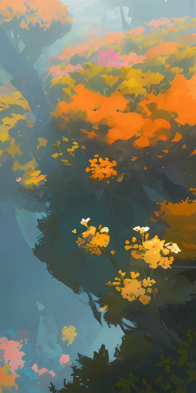 A glade, flowers grow in a clearing, a dark forest in the distance, the flowers are bright, shining, a clear sky turning into a dark one from above, a camera from below, dark lighting, volumetric lighting, super-detailing, detailing of the environment, high quality, cover, fantasy, art