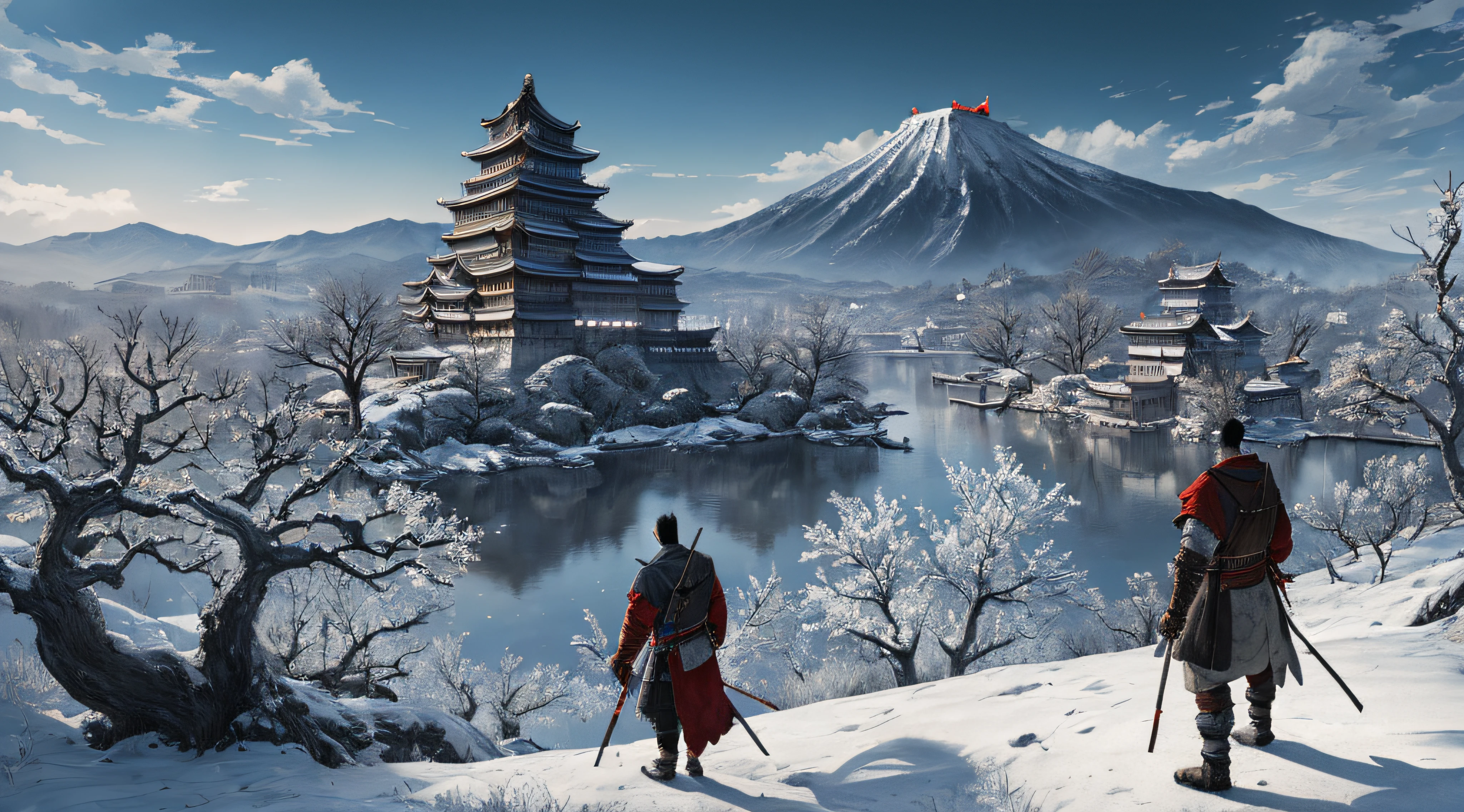 ((masterpiece)),((best quality)),((high detail)),((realistic,)) ((ultra detailed)) 1sekiro, on a hill looking at the Ashina castle.