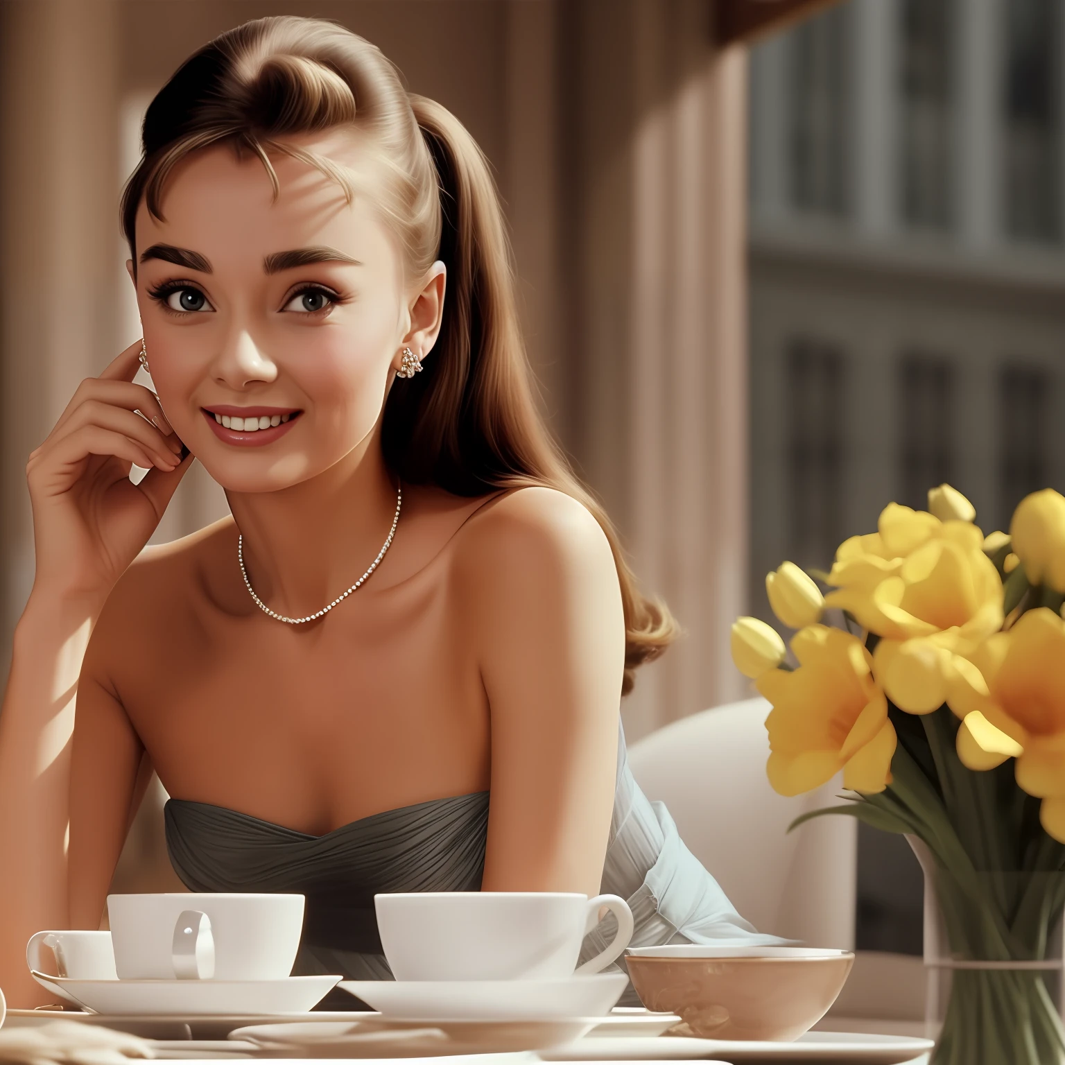 Audrey Hepburn at a young age, 「Breakfast at Tiffany's」cute and sexy, 視聴者-意識的な視線, big eyes, smilling face, Full body close-up、 Tiffany Background, super photo quality,８ｋ、 --auto