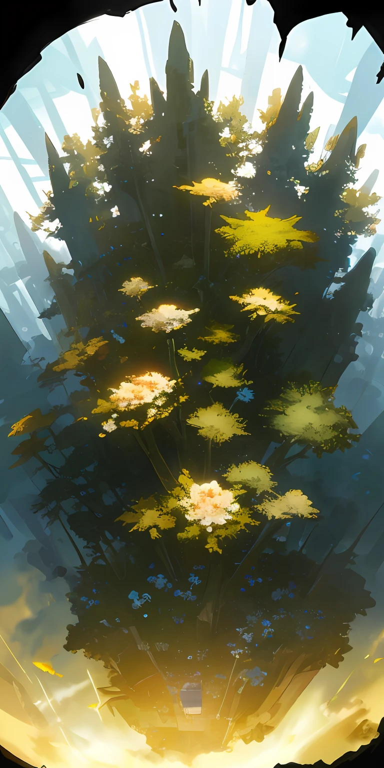A glade, flowers grow in a clearing, a dark forest in the distance, the flowers are bright, shining, a clear sky turning into a dark one from above, a camera from below, dark lighting, volumetric lighting, super-detailing, detailing of the environment, high quality, cover, fantasy, art