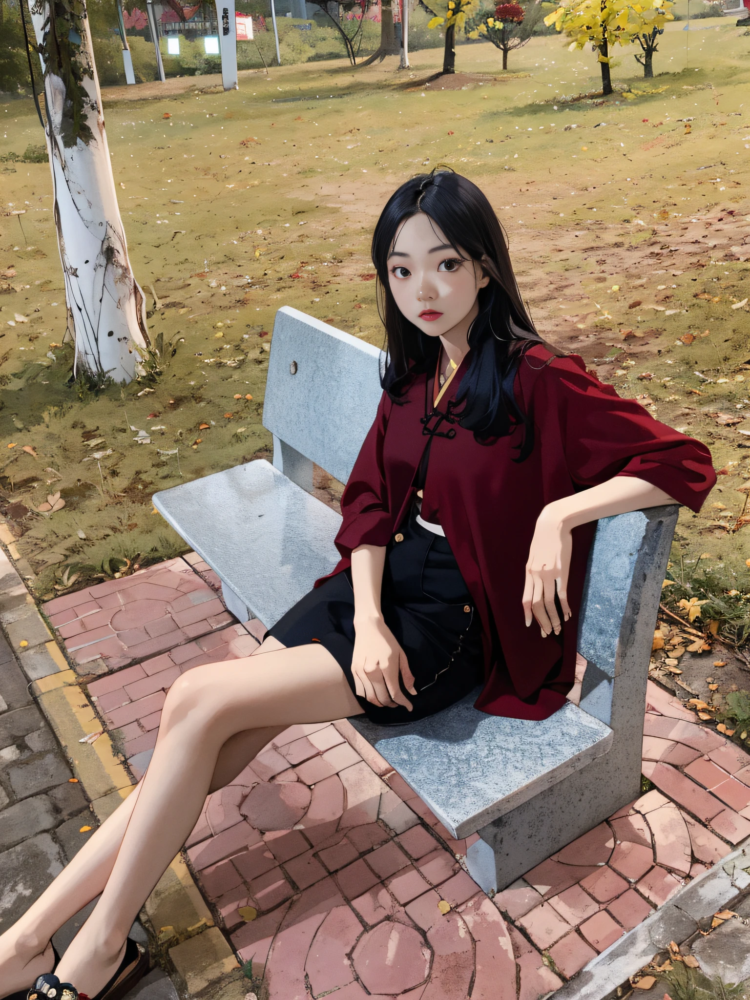 there is a woman sitting on a bench in a park, xintong chen, casual pose, Ye Wenfei, inspired by Ma Yuanyu, inspired by Tang Yifen, a young asian woman, sitting on bench, sitting on ground, Chinese Girl, young Asian girl, random artist, inspired by Ye Xin, black and red silk clothing, maroon red