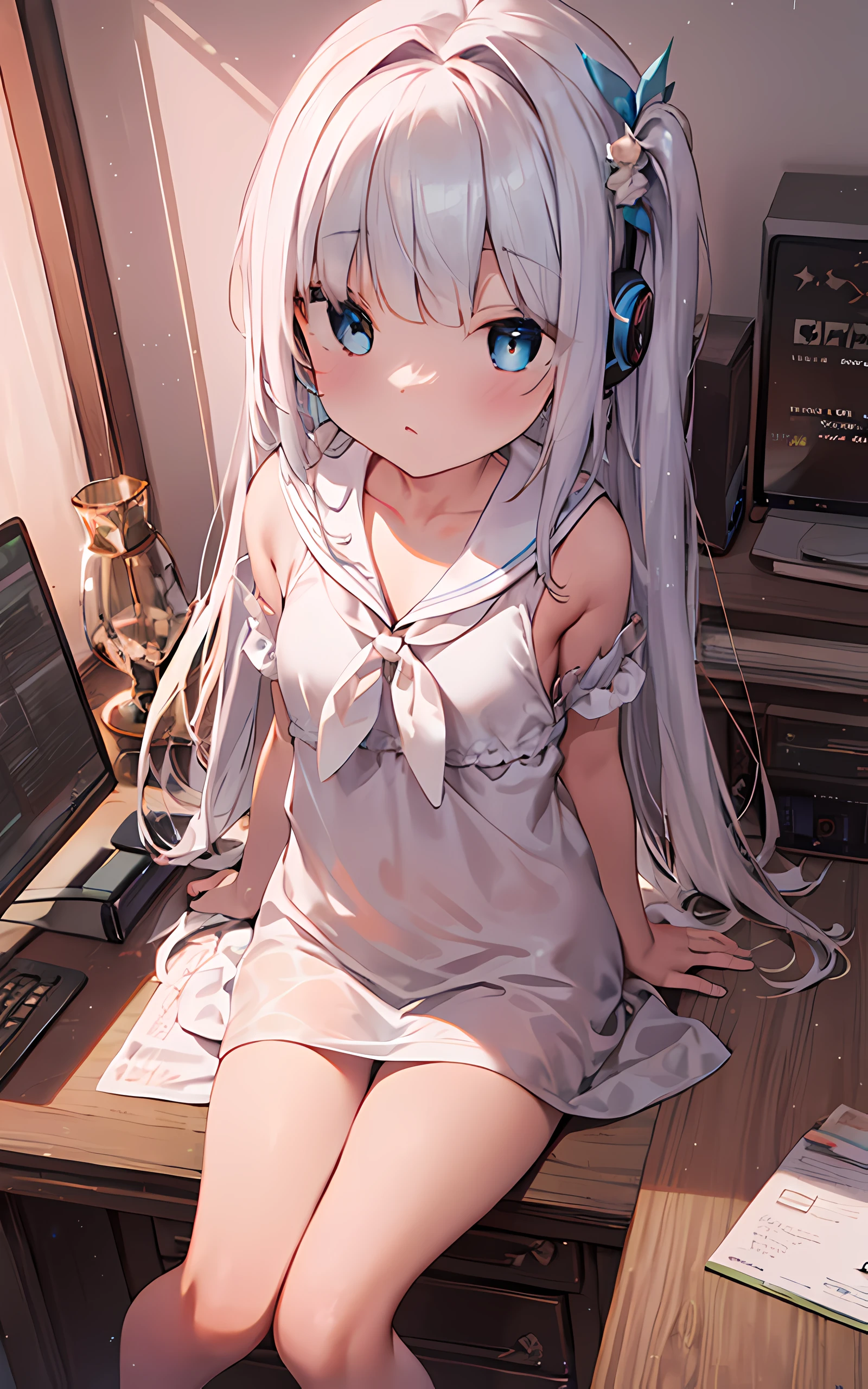 pretty eyes，Luminous Eyes，Indoors，white pillow，Girl'S room，White computer，White sailor clothes,laptop，，，，，White wallpaper，Modern home décor，petite，Large-screen computers，The headphones are placed on a white table，windowss，Sunlight outside the window，Detail glow，White table，Glass table