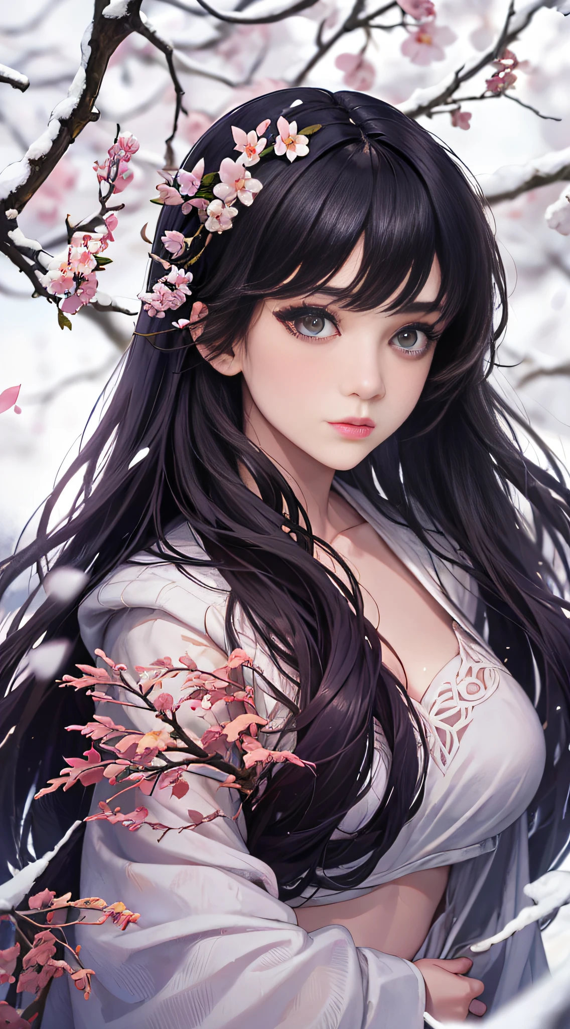 There is a woman in red dress holding a white umbrella, traditional Chinese white umbrella, wild snow scene, girl in Hanfu, )Hanfu, Chinese girl, chinese woman, Chinese style, white Hanfu, red shawl, snowing, distant scene one A peach blossom tree, full of peach blossoms, a few villages of peach blossoms stretching down from the close-up view, a lot of peach petals floating in the air, heavy snow with goose feathers, 2 colorful butterflies flying, traditional Chinese clothes, cover photo Du's portrait Juan, portrait photo, China Princess, wearing red cheongsam, inspired by Tang Yifen, black haired goddess, beautiful brunette girl, oriental girl, master works, Best Picture Quality, higher quality, High Details, Ultra-great resolution, 8k resolution, depth offield、, Cinematography, with their intricate details, Elaborate, meticulously detailed, Magnificent, Maximum detail, Ultimate Beauty, (((1个gal girl, solo))), 18age, Long hair, Black hair, White skin, Realistic, Masterpiece, (Best Picture Quality), higher quality, High Details, Ultra-great resolution, panoramas, Exquisite Facial Features, perfect face, Glowing Skin, dreamy background, women, girls, angelic, mini girls, godess, poets, Shying,, Surprise, shoulder-length hair, black color hair, sharp and clear focus, three-dimensional silhouette, correct proportion, realistic portraits, Face Close-Up, a very temperamental beautiful girl, slender figure, Exquisite Facial Features, with long flowing hair, Black hair, extremely detailed hair description, (Collarbone,), perfect face, clean and flawless face, long lashes, light pink eye shadow, shallow dimples, blush, watery big eyes crystal clear, delicate cream Glowing skin like skin, detailed skin details, CFG scale: 8,(One Beautiful Girl,with a large breasts,There is a wisteria flower in the hair),(She wears a white bikini,The lips are slightly apart),(When she was surrounded by Alraune plants,Her navel is visible), dreamlike ambiance,Bright colors and soft lighting, red tinted hair, yellow detailed eyes