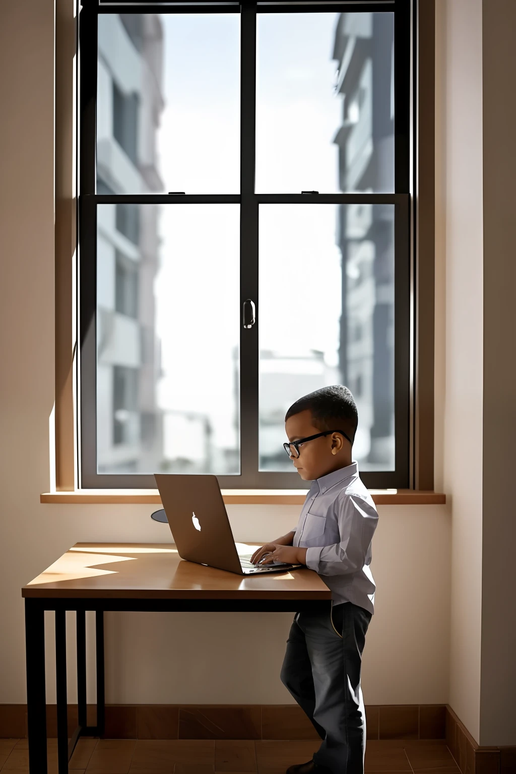 guttonerdvision4, Award-winning portrait of a bespectacled 3--old , detalhes intrincados, wearing a dress shirt and pants, em seu escritorio, mesa com xicara de cafe quente, trabalhando em seu laptop. Window in the background entering the morning sun, Kinematic lighting