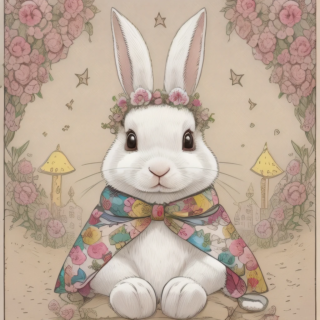 Picture book illustrations for children、Rabbit in a queen's dress、White rabbit、biped、Rabbit personification、3 head body、Setting image、cuddly、Two rabbit ears、color illustration、Configuration Materials、Colorful colors、Deformed rabbit、18世紀フランスの服、