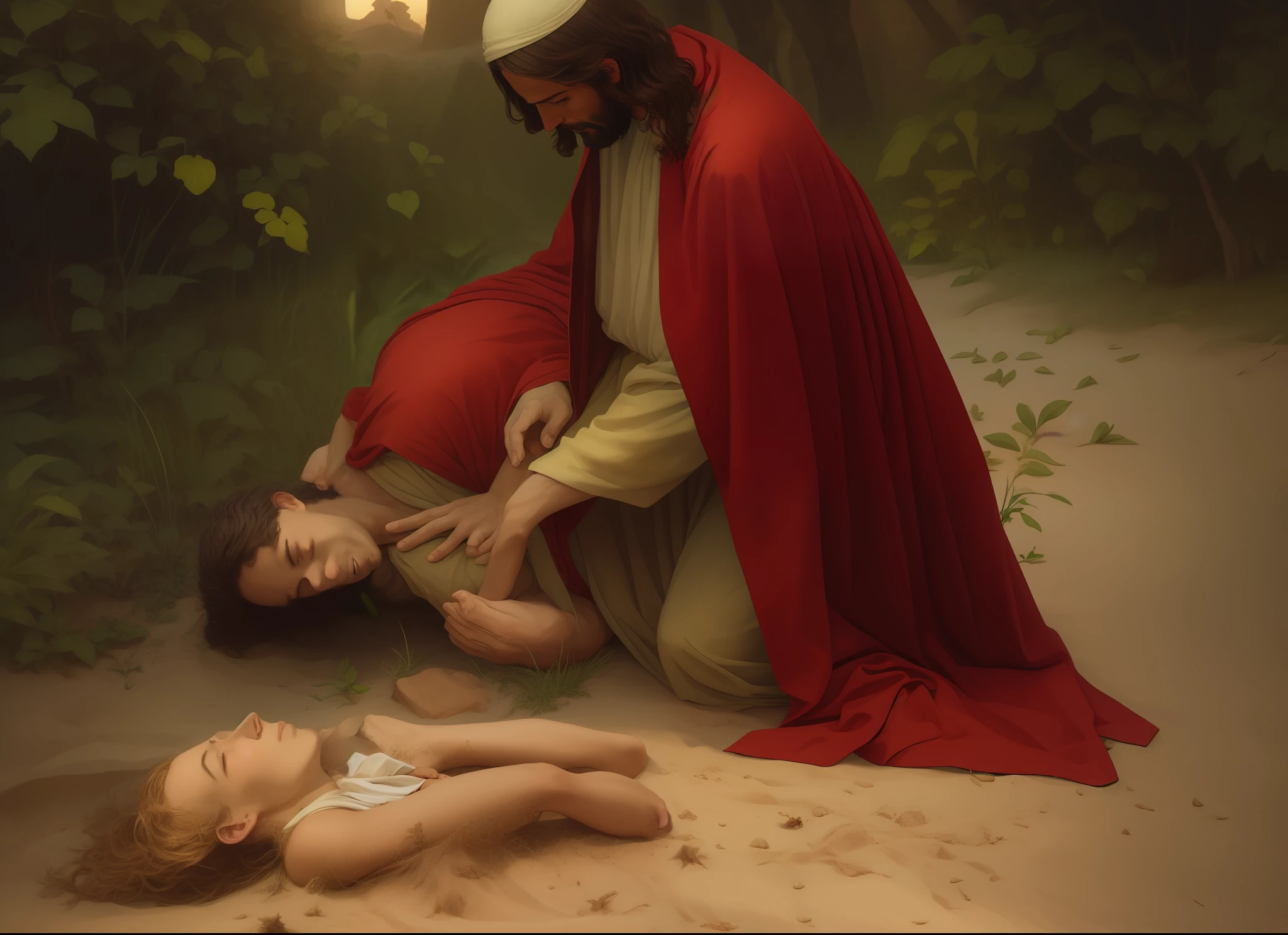 Jesus is kneeling before a man lying on the ground, his body buried in the sand, the most beautiful scene, his hands buried in his face, David Hamilton by Antonio Ciseri, Jesus of Nazareth, Jesus Christ, beautiful image already created, beautiful representation, scene of transformation, beautiful scene, spiritual scene, by Ted Nasmith, in the garden of Eden