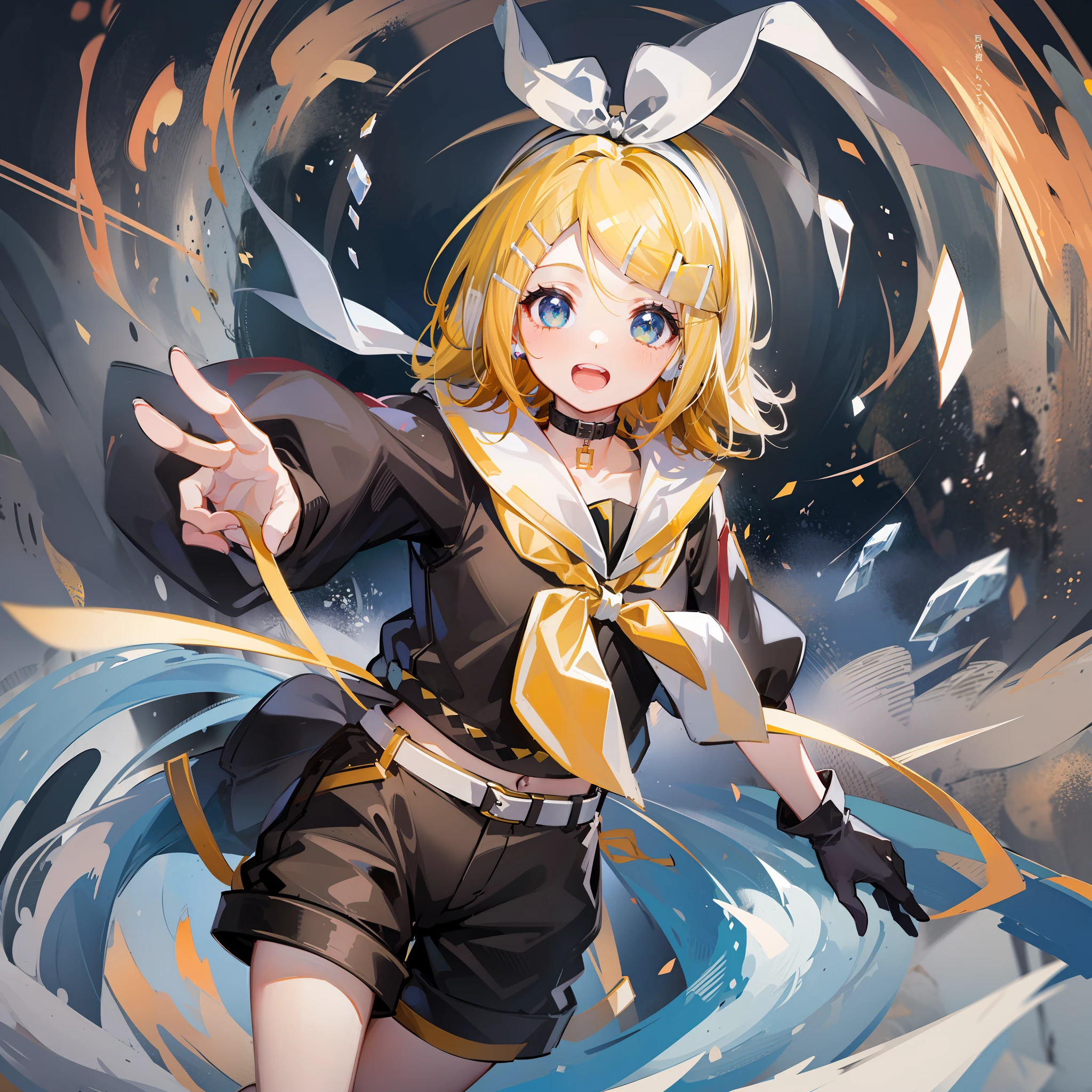 Max Quality、ultra precision、flawless ???????、Absurdres、1Girl of Man、(Kagamine_Rin:1.5)、cuddly、Shorthair、LOLI、Bishōjo、very young、innocence、purity、Pure、Big laugh、Sailor clothes、headphones、Yellow neckerchief、(Black shorts)、belts、(Crystal clear blue eyes)、Bright eyes、Bringing light into the eyes、Bishōjo anime style