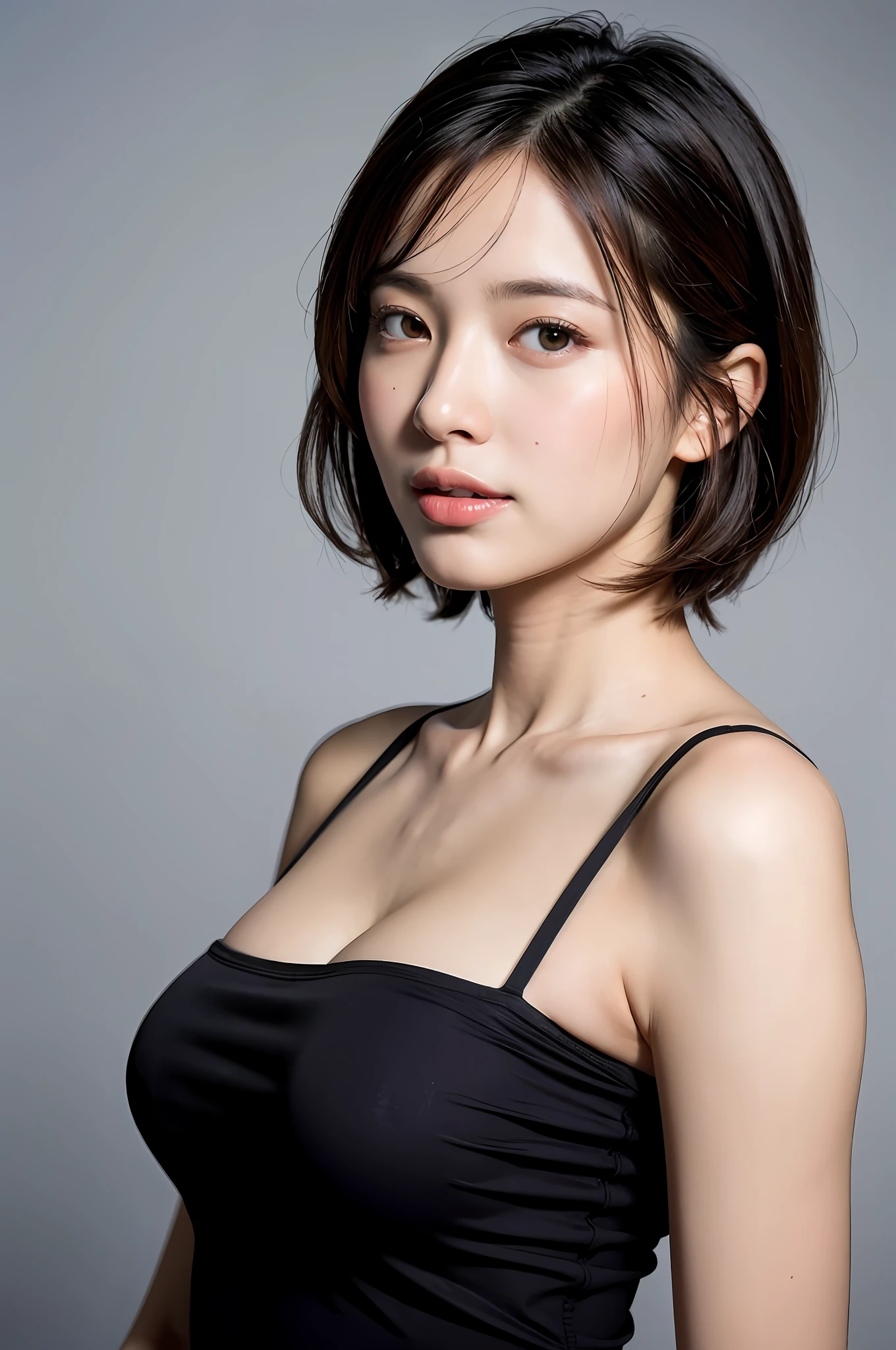 The Highest Quality, master masterpiece, HIGH DEFINITION, 1girl, Beautiful and perfect face, Bob Layer Cut, Simple and tight dress, Complex Details, Cinematic feel, 8K, highly detaild、gigantic tits、Shot from the waist up、hand on own chest,Distract your gaze、turning sideways、sideshot、smilling face、be shy、