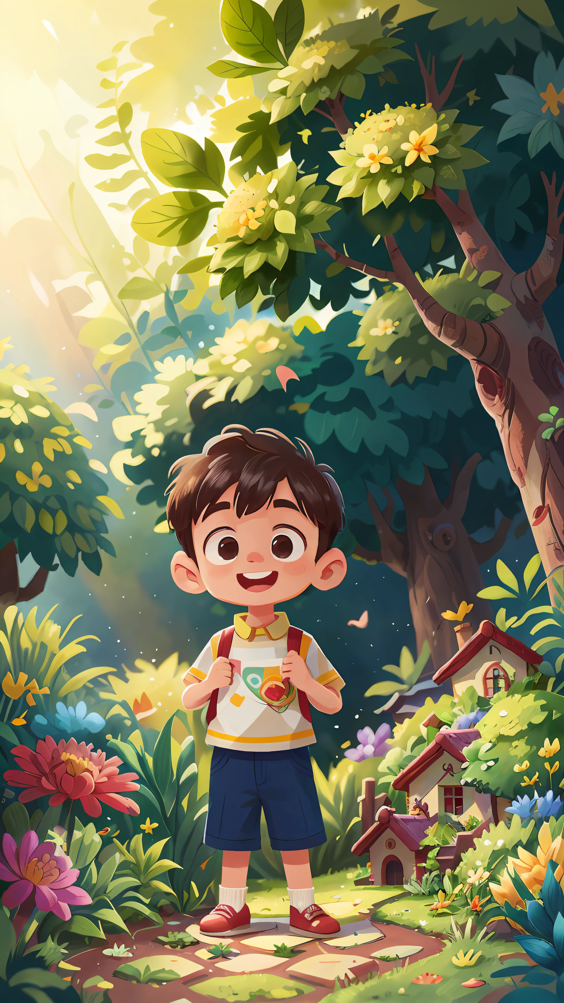 A 6-year-old boy standing in a garden, happy, happy, perfect quality, clear focus (mess - house: 0.8), (masterpiece: 1.2) (Realistic: 1.2) (Bokeh) (Best quality) (Detailed Skin: 1.3) (Intricate Details) (8K) (Eye Detail) (Sharp Focus), (Happy)