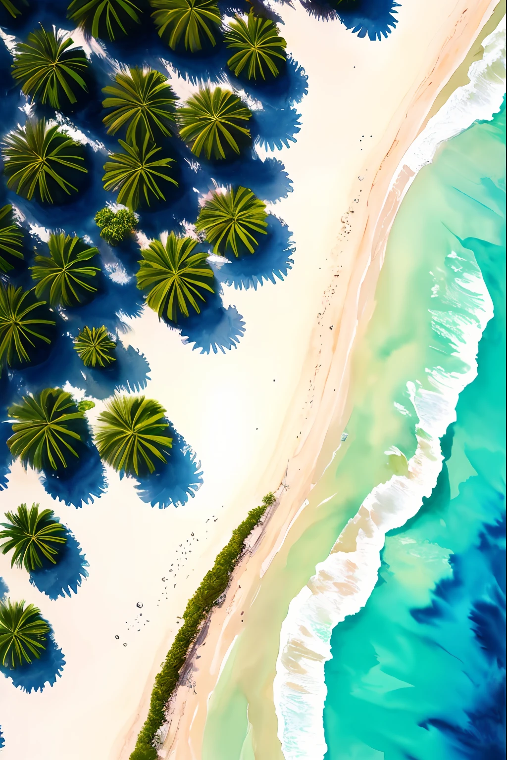 (8k, best quality, masterpiece:1.2),(best quality:1.0), (ultra highres:1.0), watercolor,Tropical palm trees, white sandy beaches, turquoise waters,extremely luminous bright design, pastel colors, (ink:1.3),