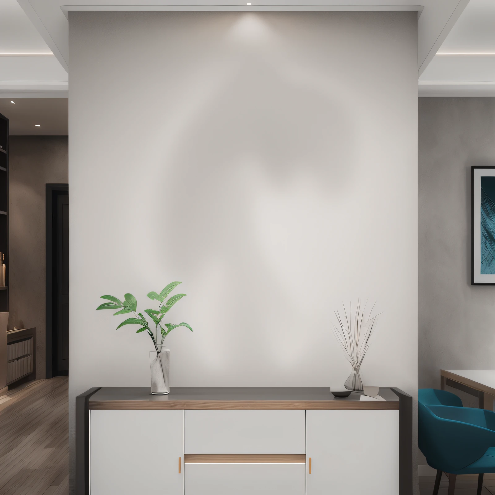there is a vase with a plant on a table in a room, rendered lighting, well contoured smooth fair walls, cinematic accent lighting, dim accent lighting, realistic physical rendering, white accent lighting, neutral flat lighting, hyper realistic rendering, bright render, flat grey color, with photorealistic lighting, hyper - realistic lighting, minimalistic and beautiful