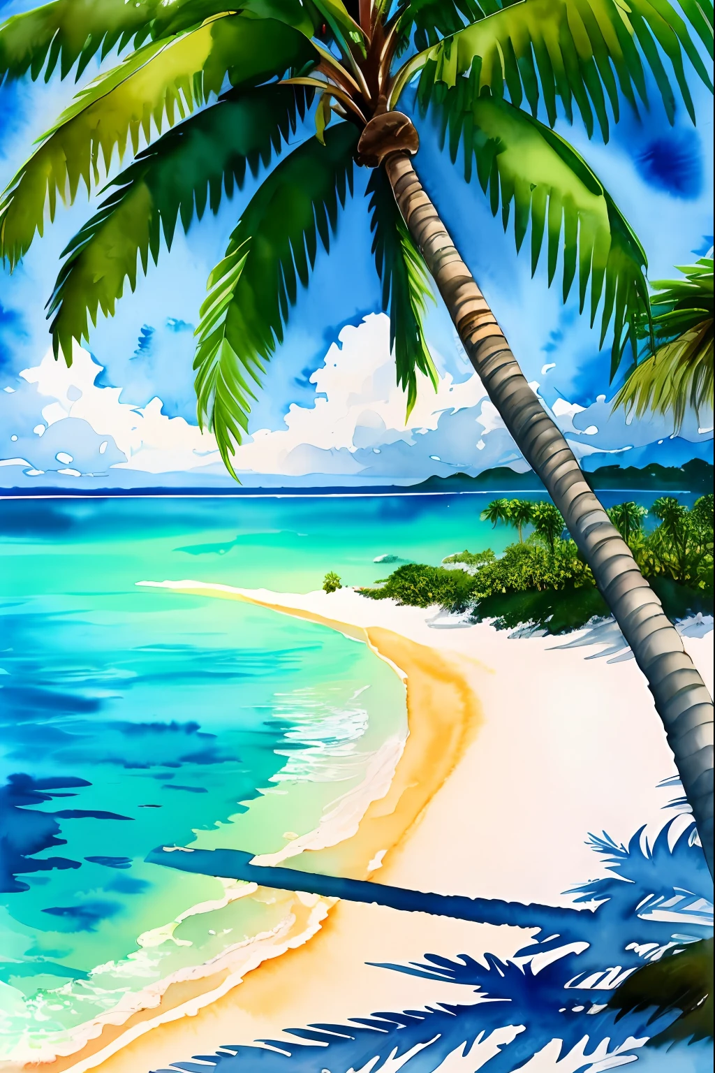 (8k, best quality, masterpiece:1.2),(best quality:1.0), (ultra highres:1.0), watercolor,Tropical palm trees, white sandy beaches, turquoise waters,extremely luminous bright design, pastel colors, (ink:1.3),