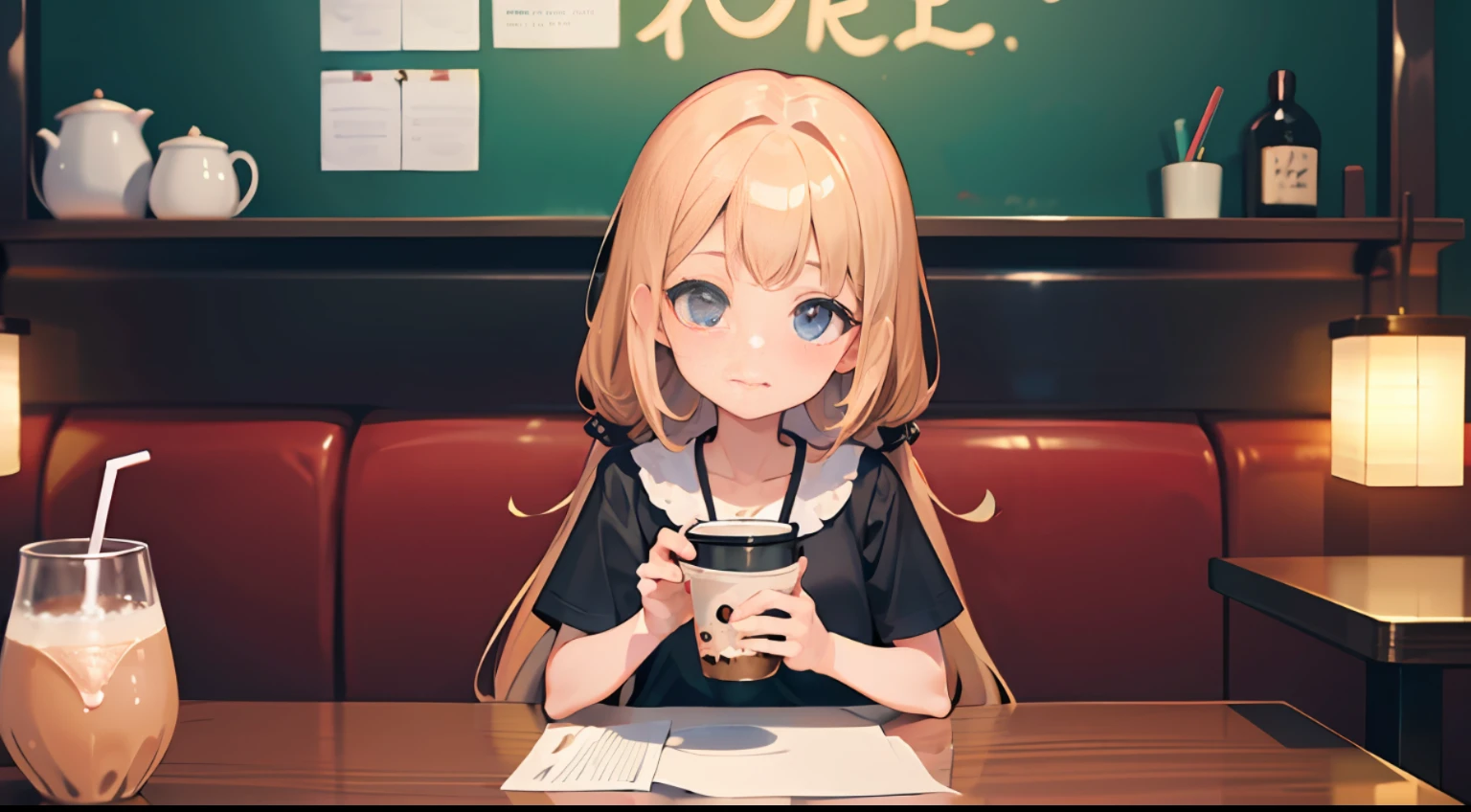 MasterPiece，the best quality t，cute little girl，Fine Facial Features，Drink milk tea at a café，There are many people around --auto