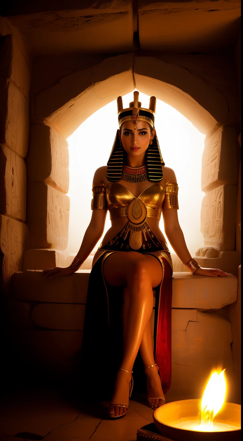 (masterpiece, UHD, photography, detailed:1.3, by Greg Rutkowski), enchanting Egyptian woman, (wearing captivating ancient Egyptian attire:1.2), elaborate headpiece, flowing garments, gracefully posing within an ancient Egyptian tomb, (subtle torchlight:1.2), casting an ethereal glow, (sensual and evocative atmosphere:1.2), intricate hieroglyphs surrounding her, (warm and rich color palette:1.2), evoking the timeless beauty and allure of ancient Egypt.