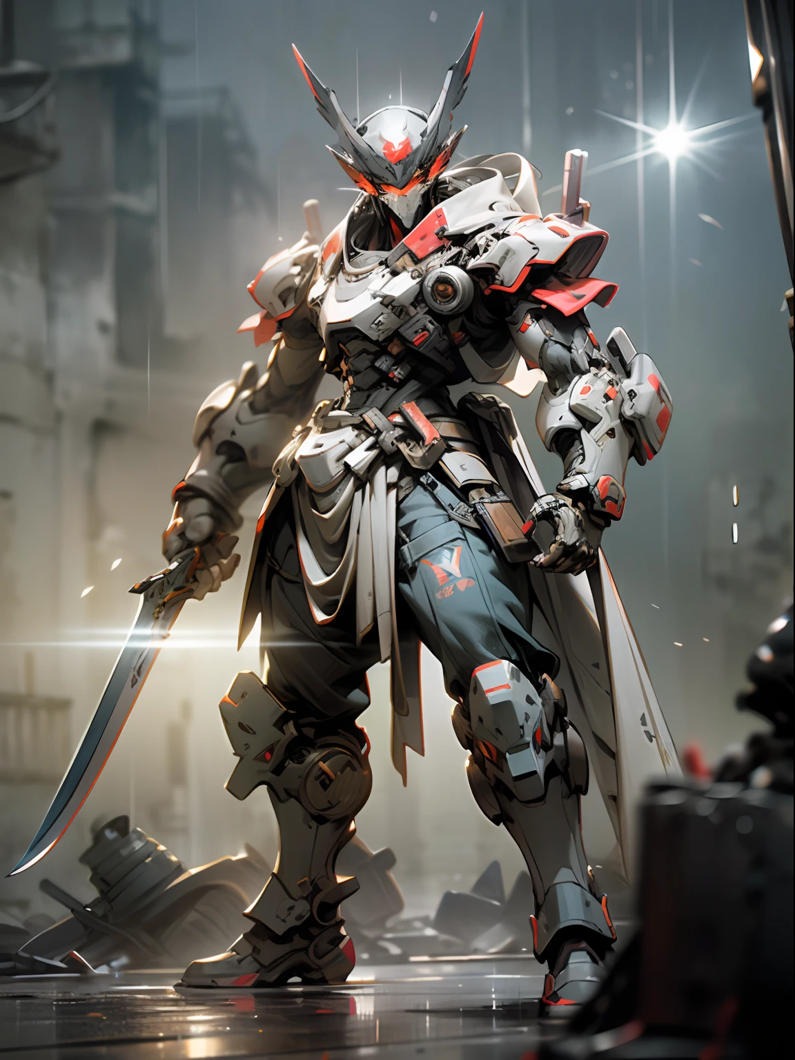 ((fbest quality)), ((Masterpiece)), (Very Detail: 1.3), 3D, Male Valkyrie mecha, Cool cyberpunk male samurai with glowing long knife, Has red samurai-style armor, With a samurai mask,Wearing a samurai cape,Rainy weather, sci-fi technology, HDR (high dynamic range), raytraced, Light particles, nvidia RTX, The ultra-Resolution, unreal 5, subsurface scatter, pbr texturing, postprocessing, anisotropic filtering, depth offield、, Maximum sharpness and sharpness, Multi-layer texture, specular and albedo mapping, Surface coloring, Accurate Simulation of Light-Material Interactions, perfect proportions, octanerendering, Two-tone illumination, low ISO, white balance, Rule of Thirds, large aperture, 8K RAW, high efficiency subpixels, Subpixel Convolution, Light particles, light scattering, Tyndall effect, Very cold, Battle posture,(Ruined battlefield after the rain:1.2),