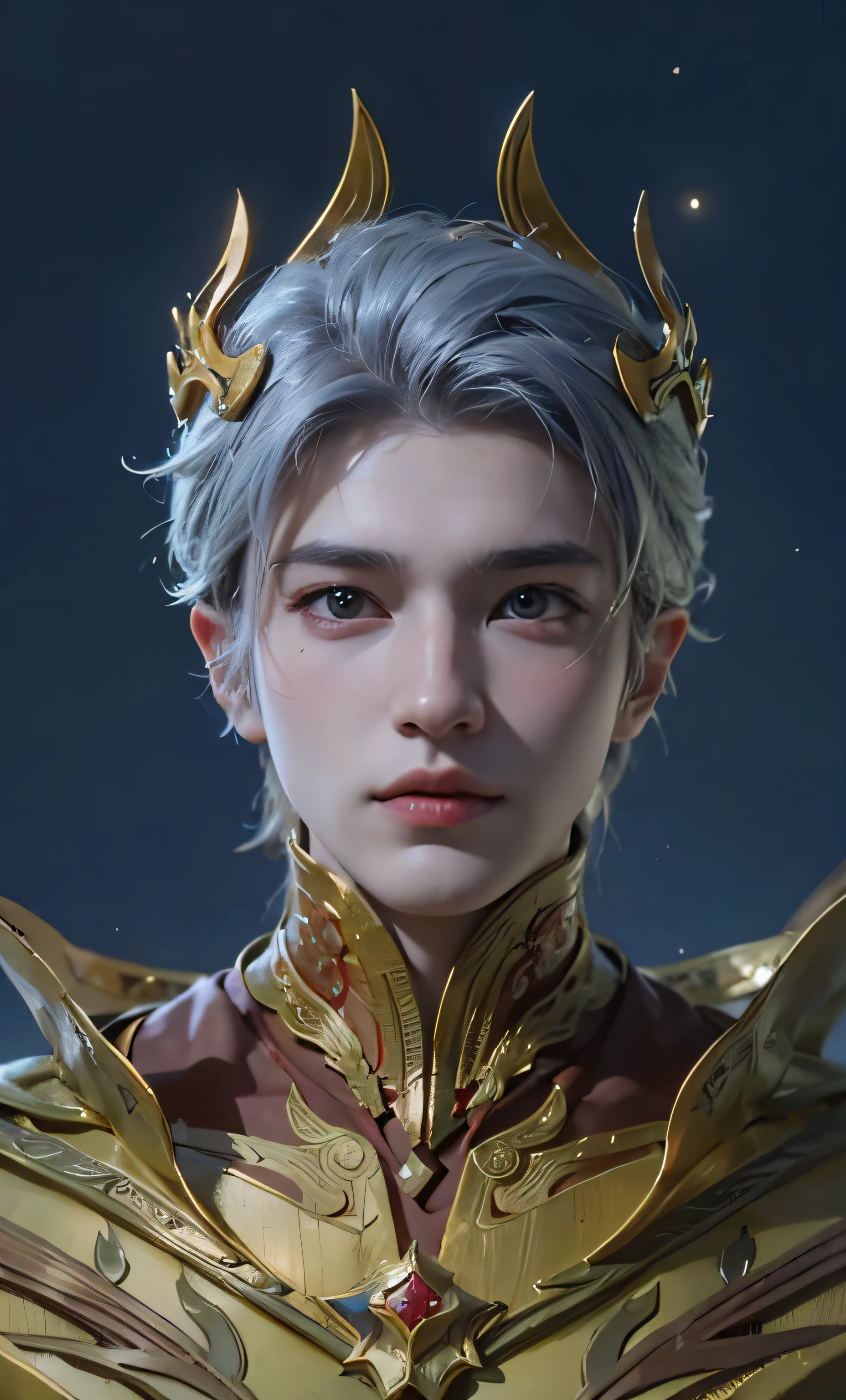 a close up of a person wearing a gold costume and a crown, Heise Jinyao, zhongli from genshin impact, lineage 2 revolution style, beautiful androgynous prince, Loong, a male elf, zhao yun, delicate androgynous prince, unreal engine render saint seiya, inspired by Huang Shen, shadowbringers cinematic，（（handsome face）），（（Exquisite Facial Features）），（（Superb handsome guy））,（（Face Close-Up，Meticulous portrayal））