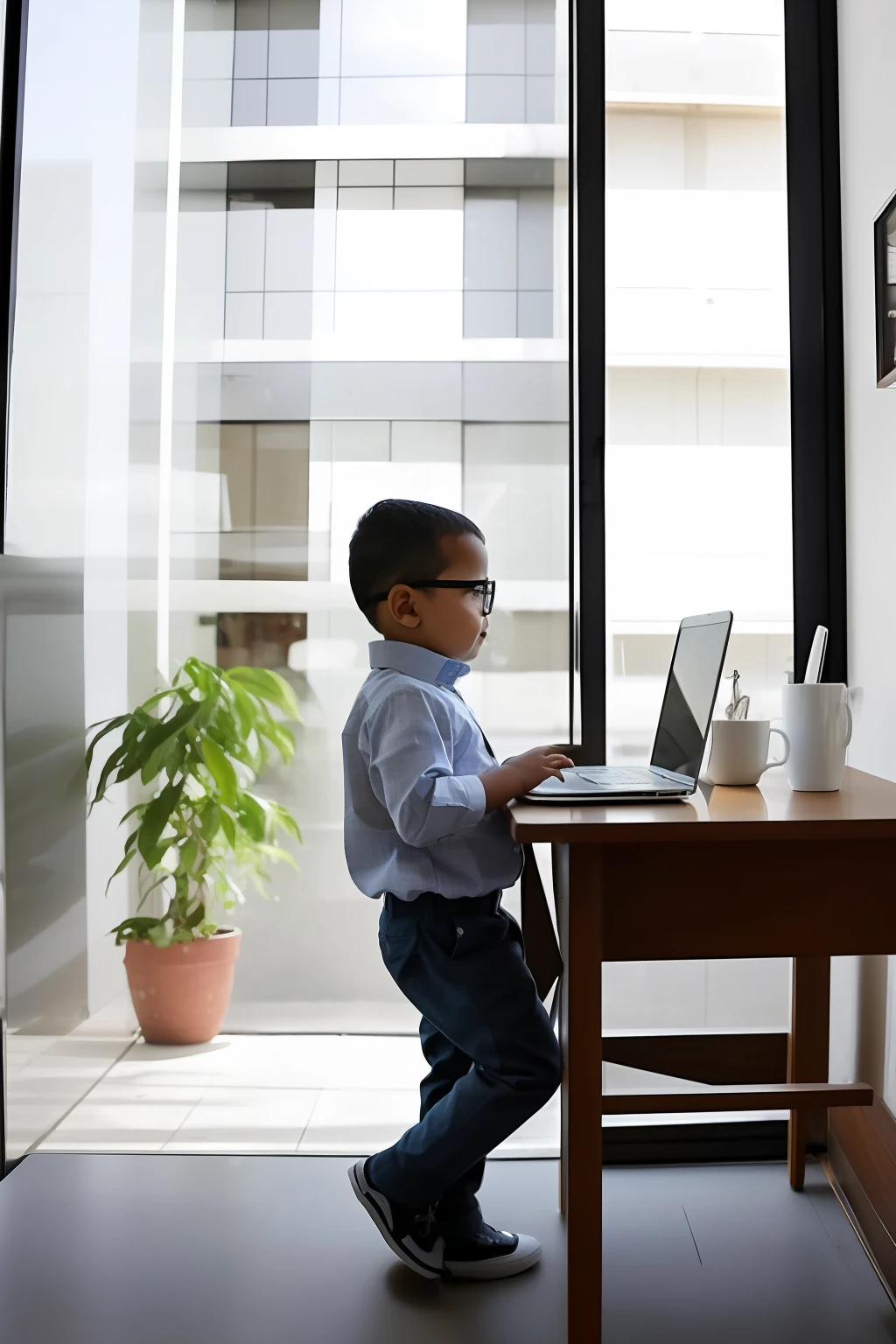 guttonerdvision4, Award-winning portrait of a bespectacled 3--old , detalhes intrincados, wearing a dress shirt and pants, em seu escritorio, mesa com xicara de cafe quente, trabalhando em seu laptop. Window in the background entering the morning sun, Kinematic lighting