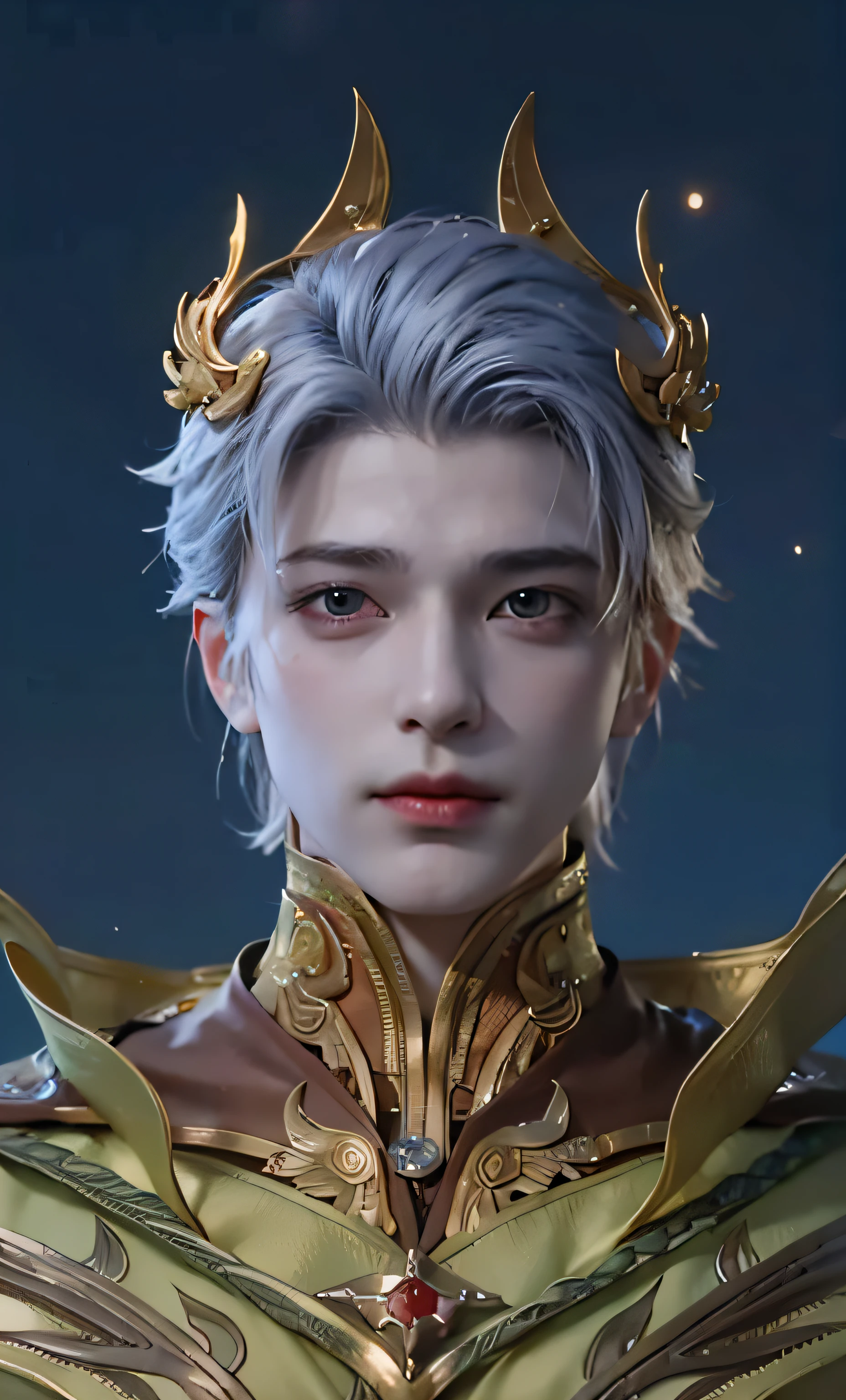 a close up of a person wearing a gold costume and a crown, Heise Jinyao, zhongli from genshin impact, lineage 2 revolution style, beautiful androgynous prince, Loong, a male elf, zhao yun, delicate androgynous prince, unreal engine render saint seiya, inspired by Huang Shen, shadowbringers cinematic,((handsome face)),((Exquisite Facial Features)),((Superb handsome guy)),((Face Close-Up,Meticulous portrayal))