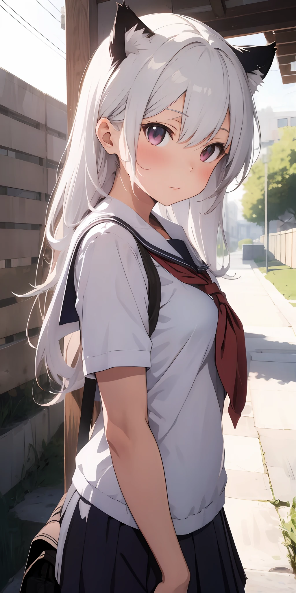 Anime girl with white hair and cat ears, ruby eyes, shy blush, school uniform, high contrast, soft light