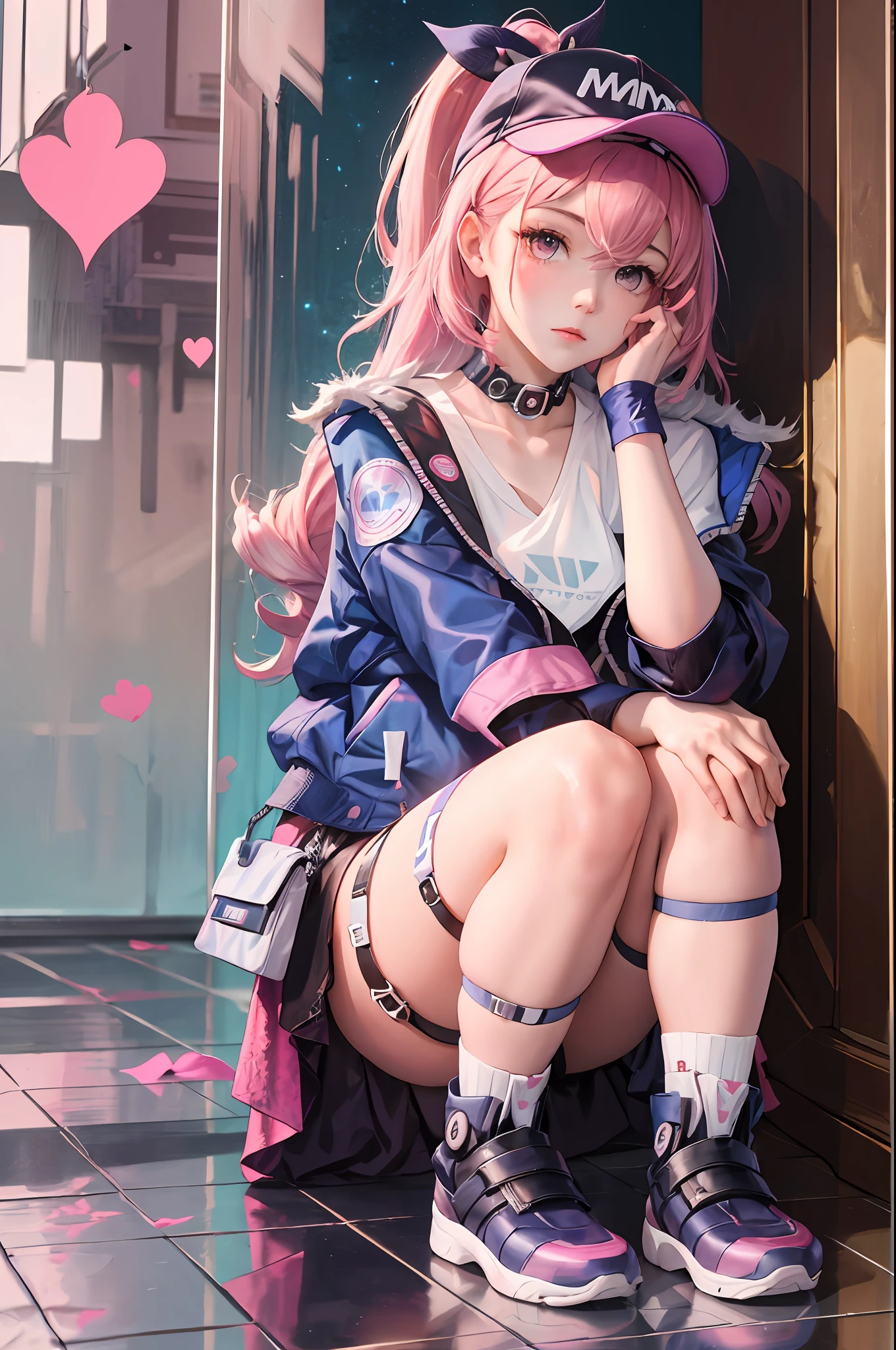 best quality,masterpieces,1 girl,solo,white long hair,pink eyes,pink jacket,white upper,bare leg,pink baseball cap