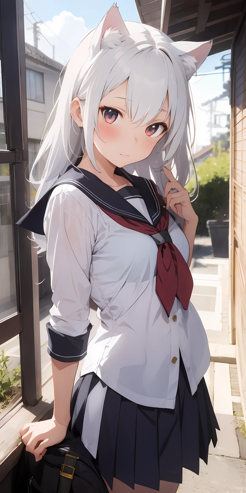 Anime girl with white hair and cat ears, ruby eyes, shy blush, school uniform, high contrast, soft light