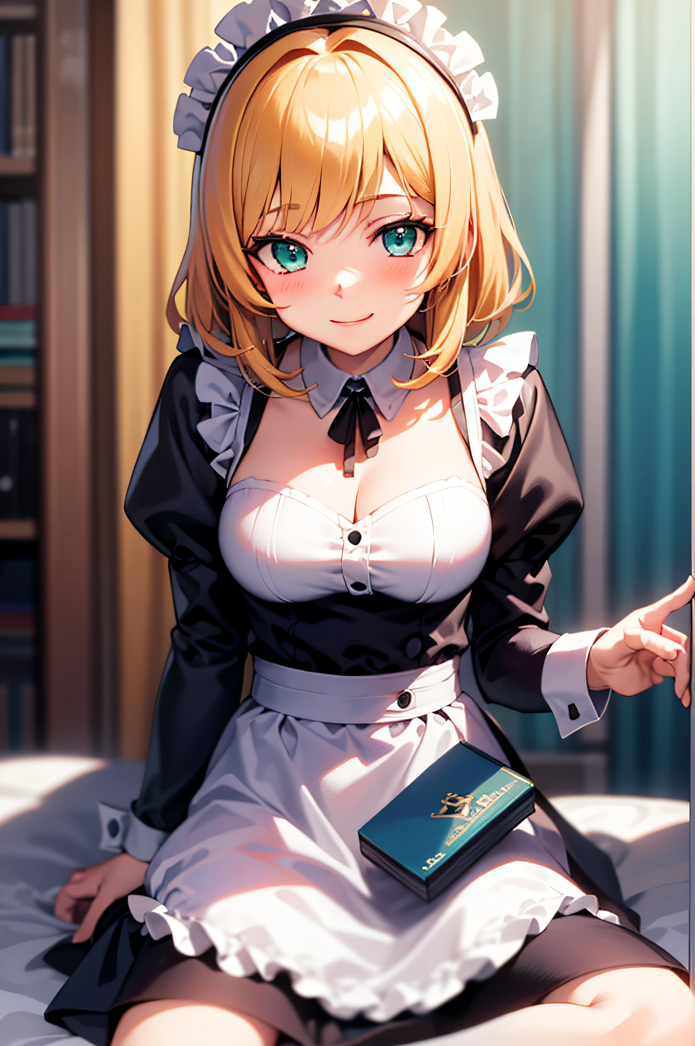 masterpiece, best quality, 1 girl, Olivia, blonde hair, aqua eyes, medium hair, maid suit, medium breasts, blush, light smile,