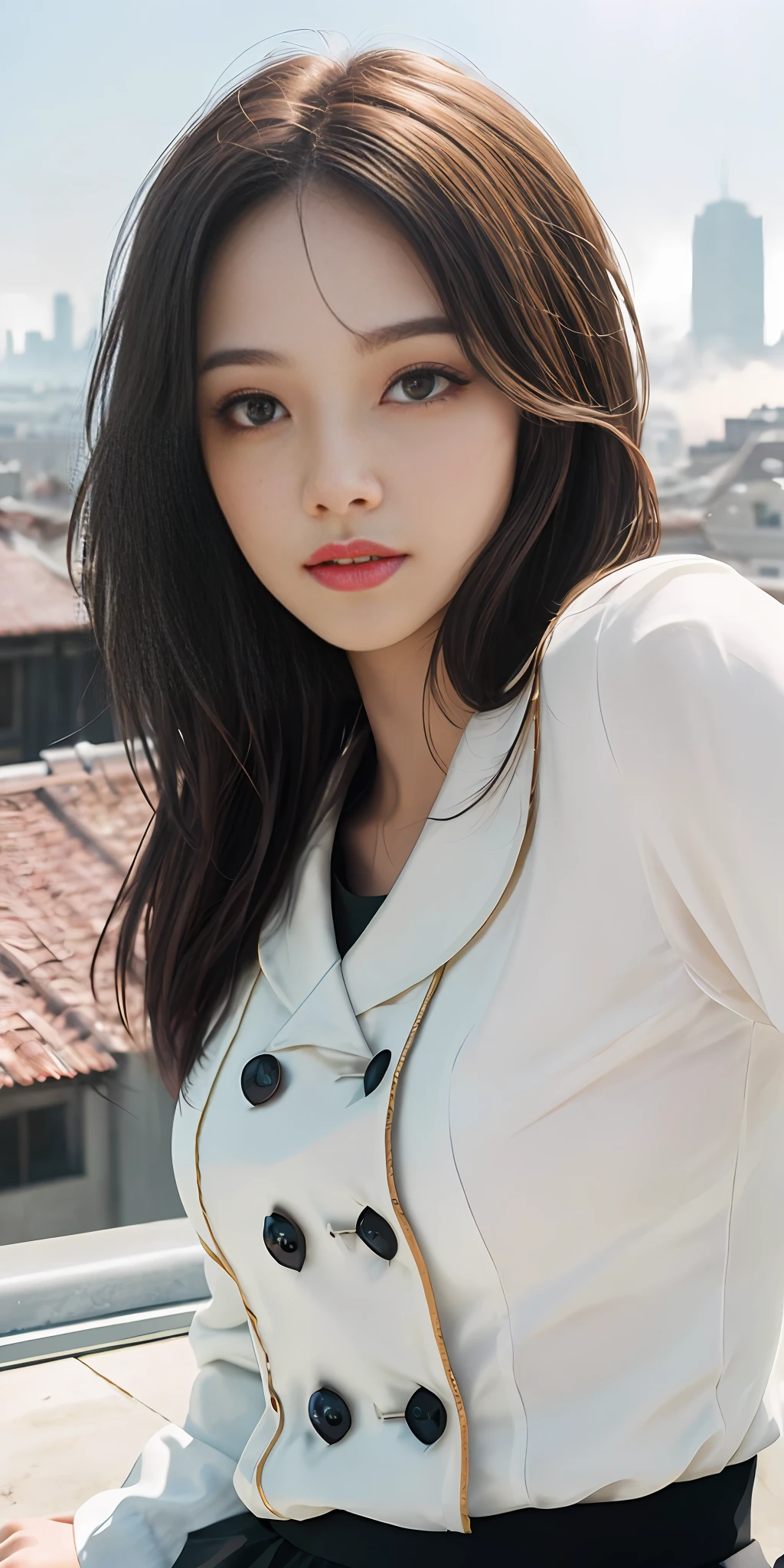 (1girl:1.3), solo, (((very detailled face))),((Very detailed eyes and face))),Beautiful Detail Eye,Body parts__,official arts,Unified 8k wallpaper,is super detailed,Beautiful and beautiful,bella,MasterPiece,best best quality,primitive,MasterPiece,ultra fine photo,best best quality,Ultra-great resolution,photorealistic realism,sunrays,full - body portrait,amazingly beautiful,,dynamicpose,Delicate Faces,large breasted,vibrant eye,(FROM FRONT), large breasted,short miko skirt,Very detailed city roof background,Detailed face,detailed complex busy background,untidy,Ornate,Milky White,Highly detailed skin,Realistic Skin Details,Visible pores,Crisp focus,volume fog,8k uhd,digital DSLR camera,high quailty,filmgrain,Fair Skin,Photo realism,
