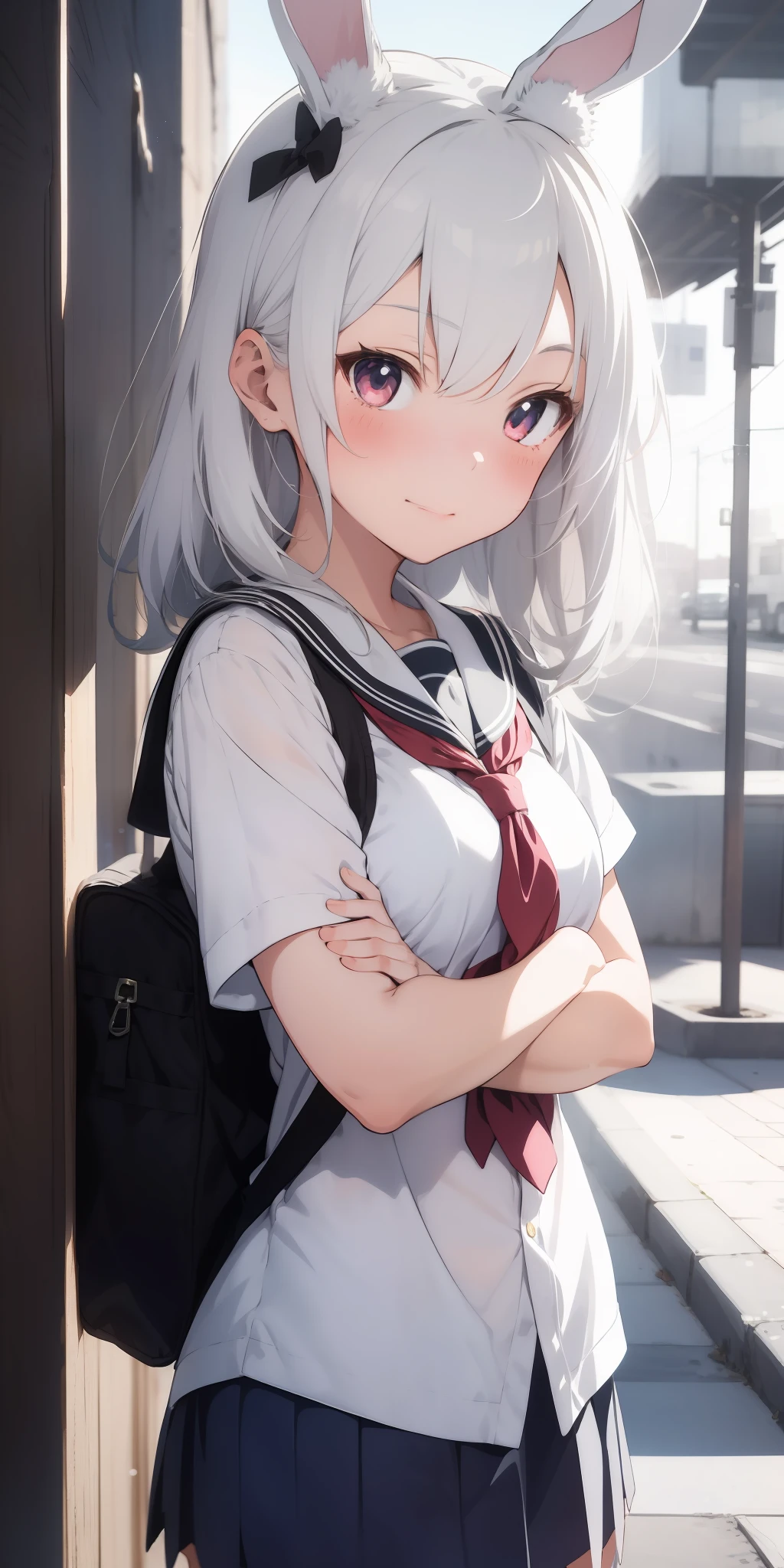 Anime girl with white hair and bunny ears, ruby eyes, shy blush, school uniform, high contrast, soft light